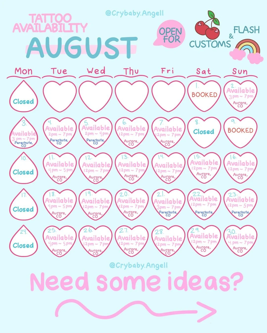 My August books are open for Aurora, Colorado and Parachute, Colorado! 

Ready to get some fun new ink or want one of my pre-drawn designs that are waiting for a new home? Message me and we can get the ball rolling! 

Hello, my name is Angell. I&rsqu