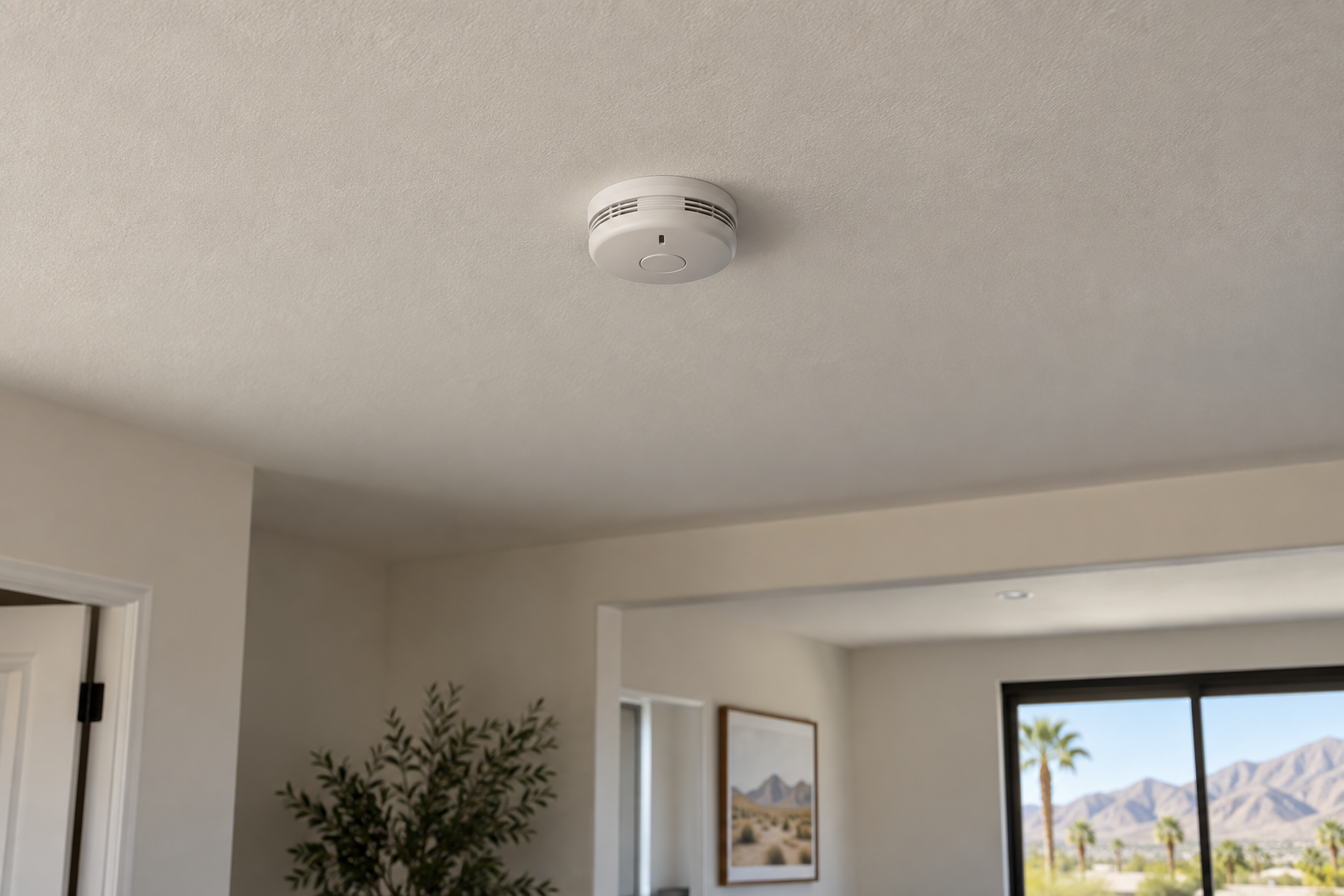 Smoke detector on a white textured ceiling in a room with a large window showing mountains and palm trees outside.