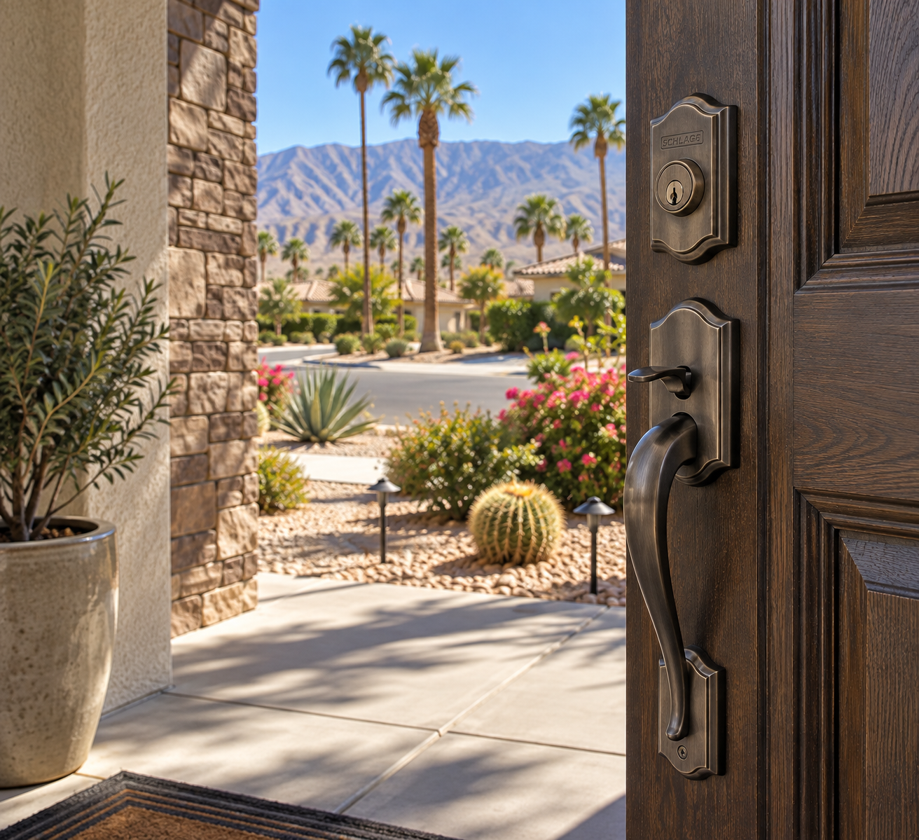 Open wooden door leads to a desert-style yard with desert plants, palm trees, and mountains in the background.