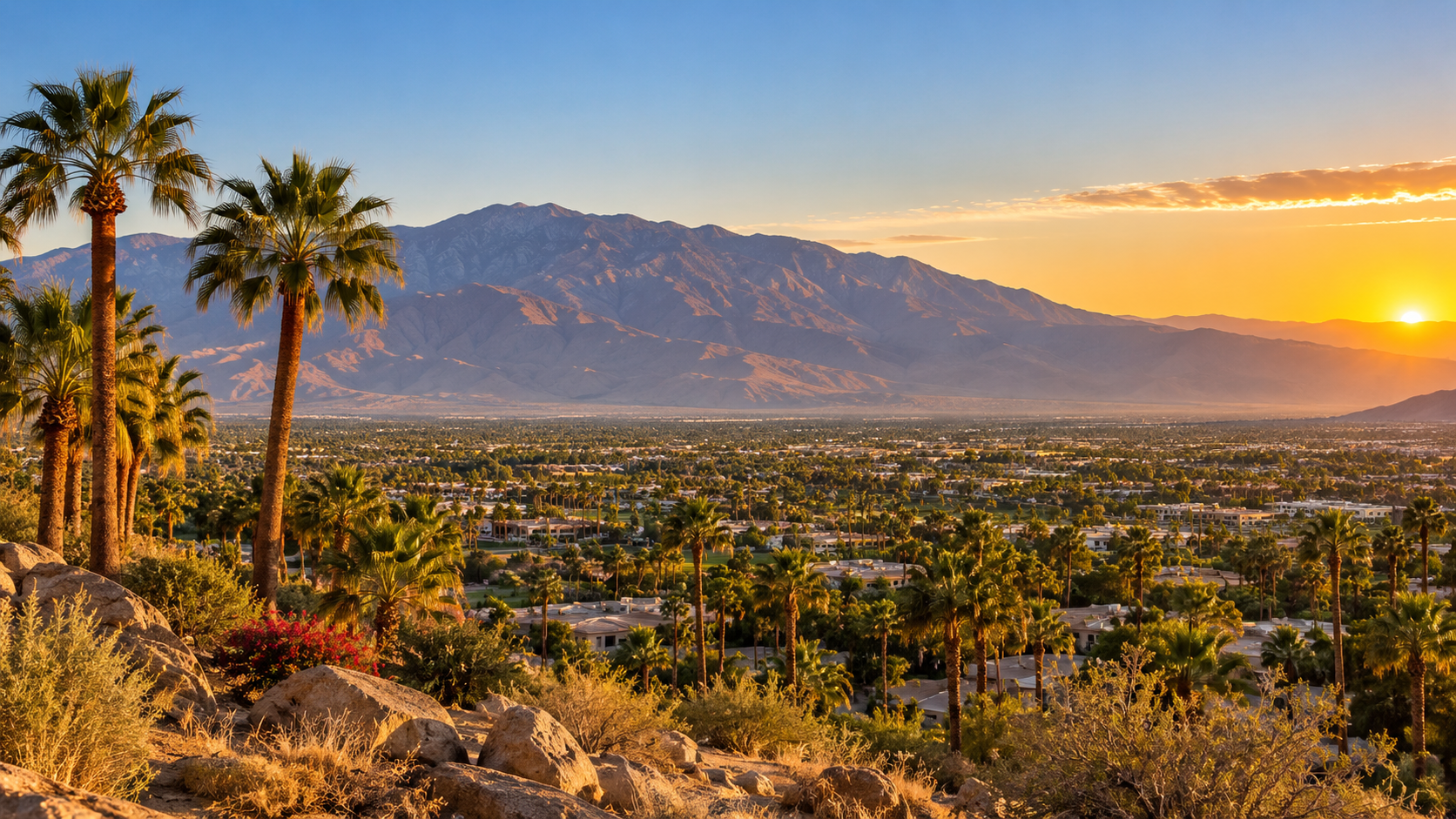 Sunset over a city with palm trees and mountains in the background