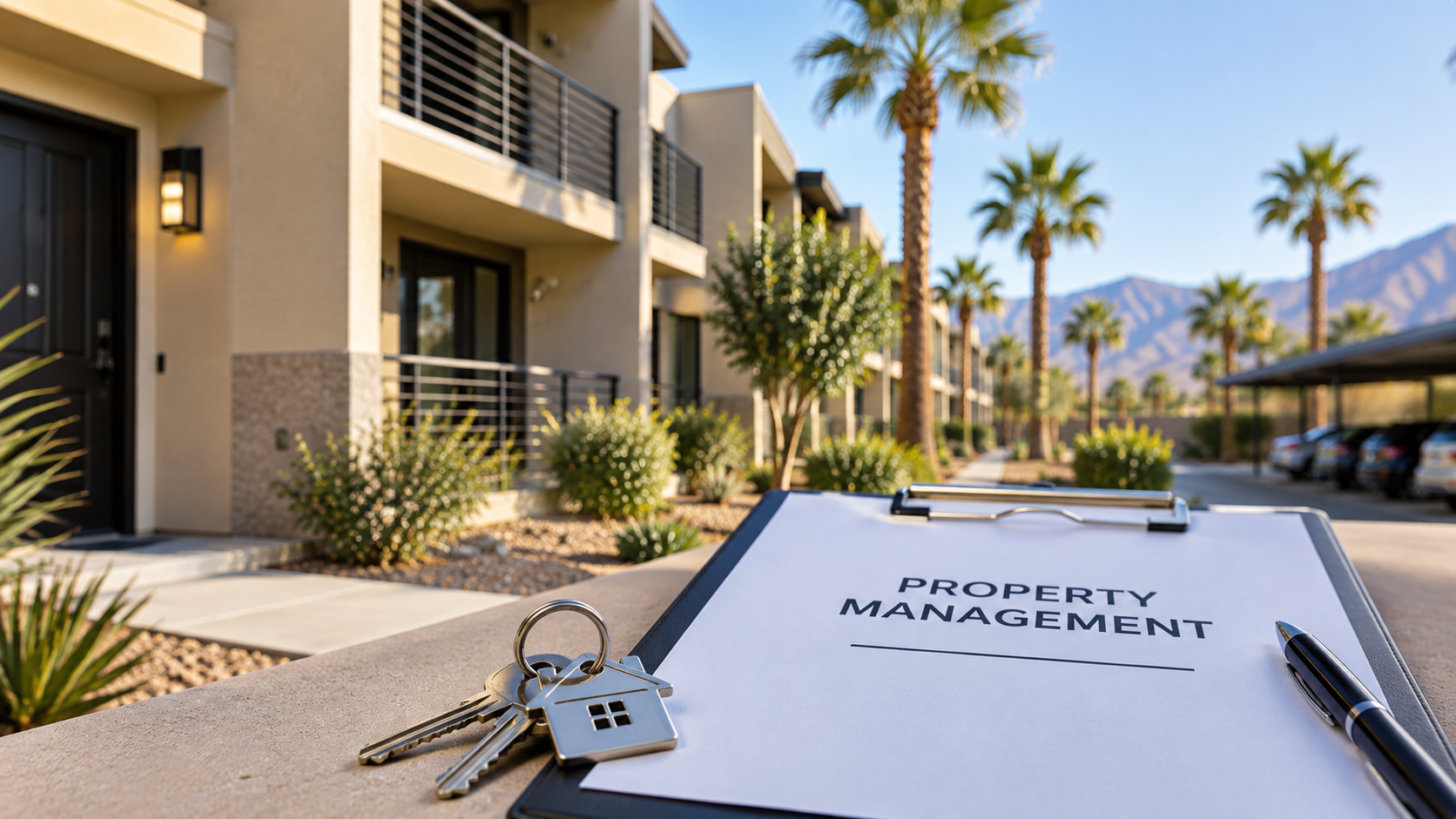 A property management document with keys and a pen on a ledge in front of an apartment complex with palm trees and mountains in the background.