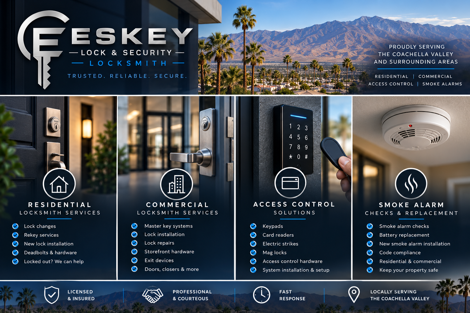 A promotional flyer for Eskey Lock & Security offers residential and commercial locksmith services, access control solutions, and smoke alarm checks and replacements. The flyer features images of various locks, an access keypad, and a smoke alarm, with a scenic background of mountains and palm trees.