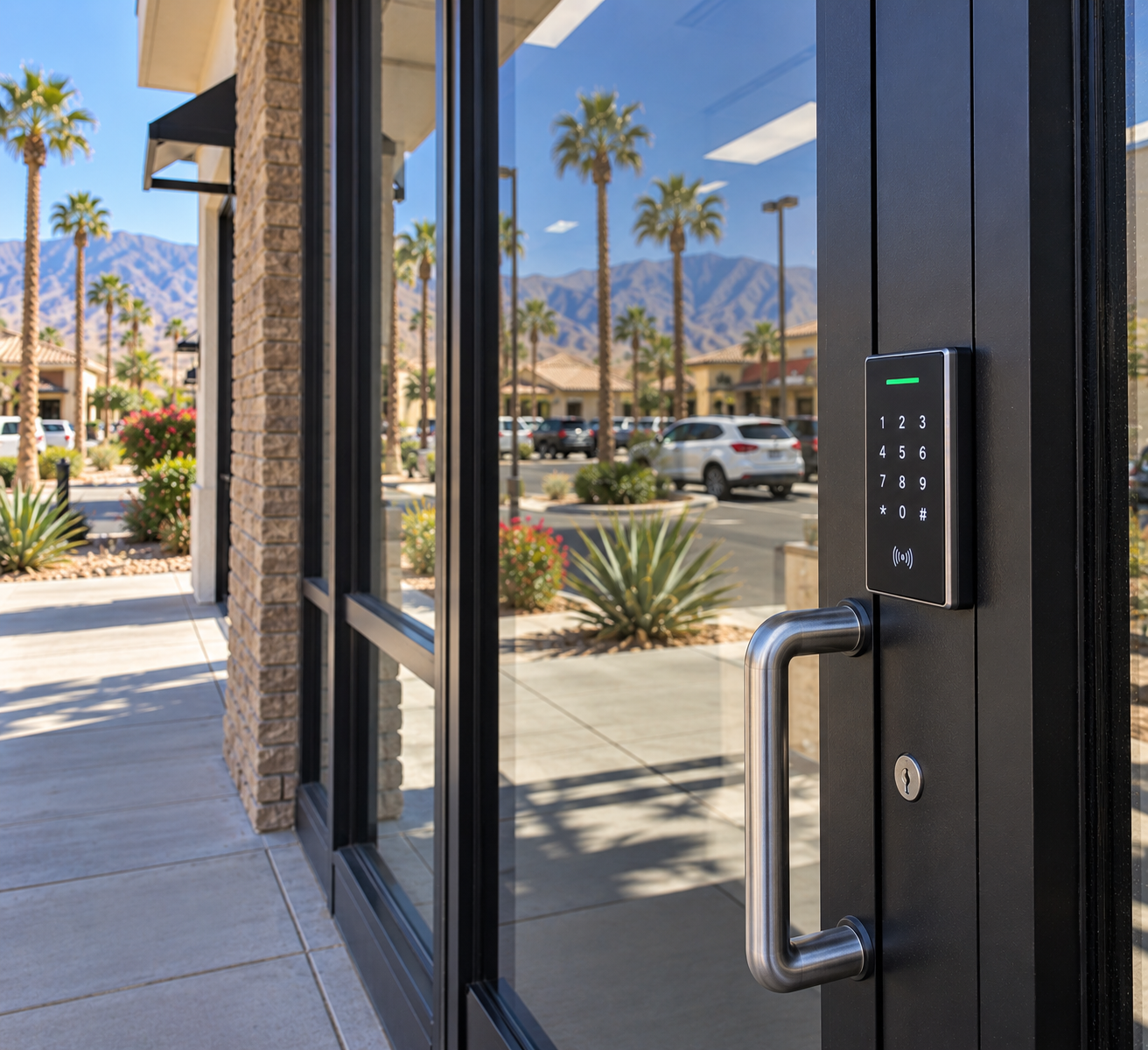 A modern glass door with a keypad and card scanner access control system outside a commercial building, with a parking lot, palm trees, and mountains in the background on a sunny day.