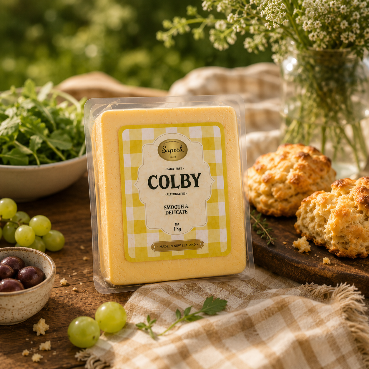 Superb Colby plant-based cheese alternative block on a picnic board with olives and grapes