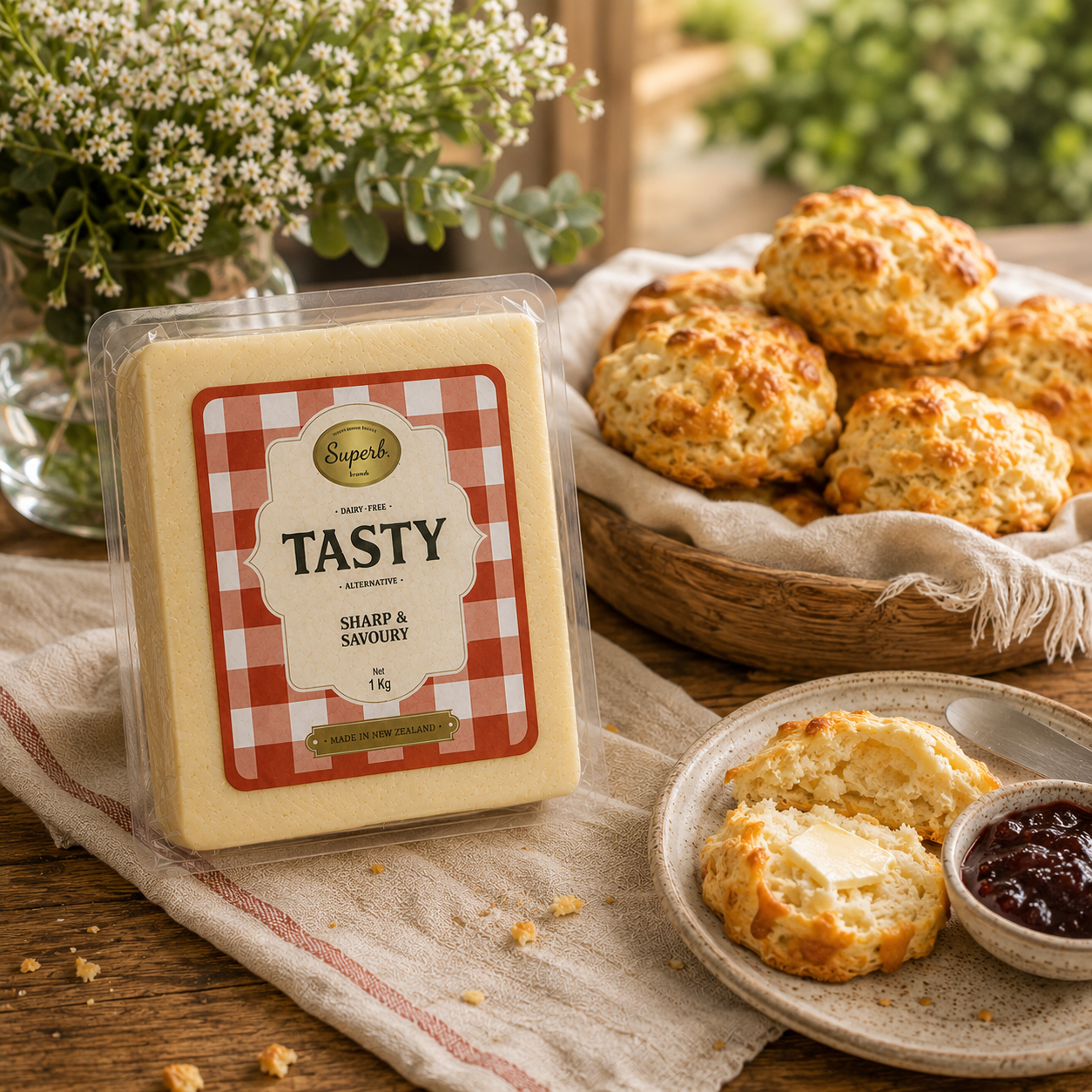 Superb Tasty plant-based cheese alternative block served with fresh scones and jam