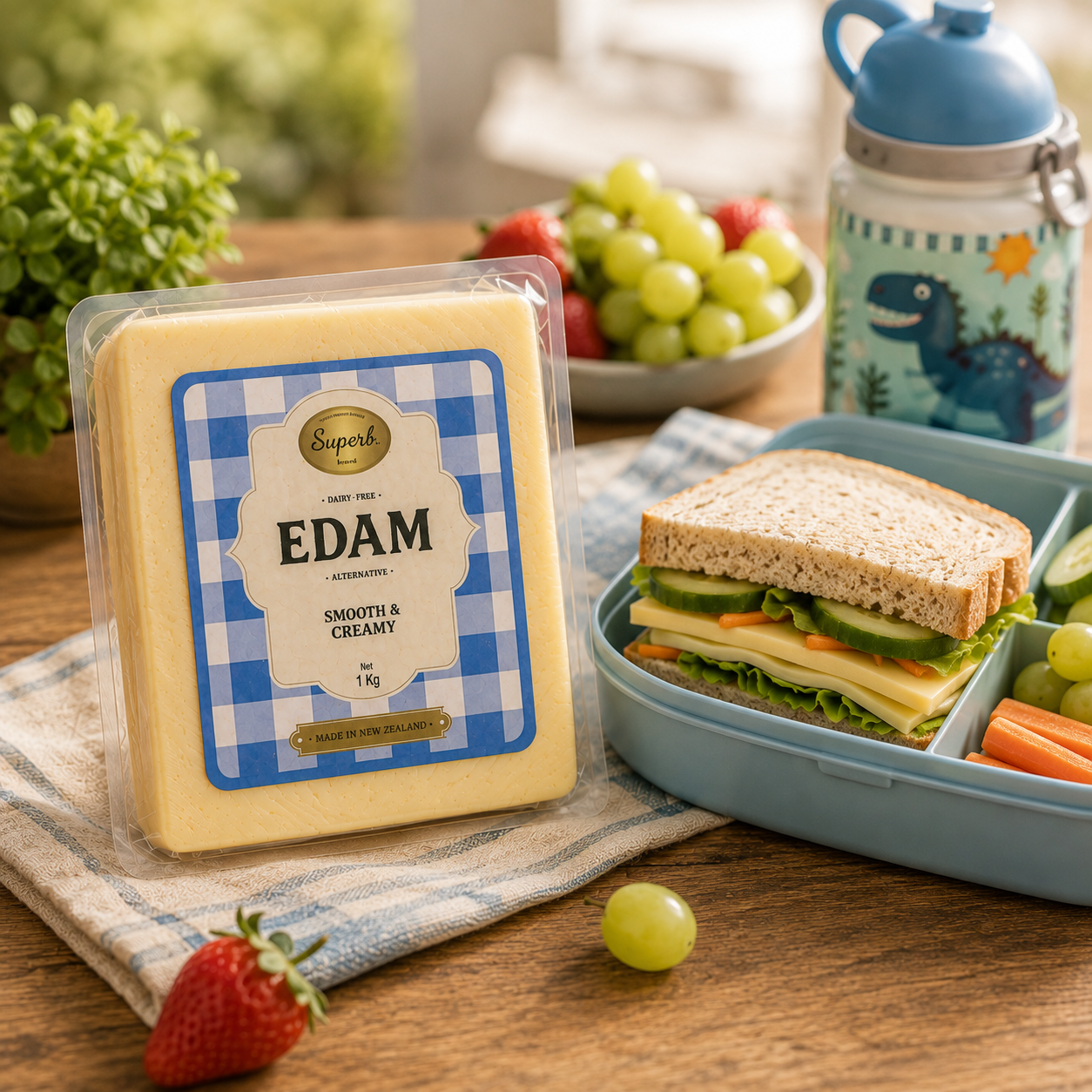 Superb Edam plant-based cheese alternative in a kids lunchbox with a sandwich and grapes