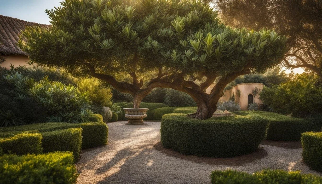 A beautifully manicured garden with a large, twisting tree at the center, surrounded by well-trimmed bushes and hedges, a gravel pathway, and a decorative stone fountain, all illuminated by warm sunlight.
