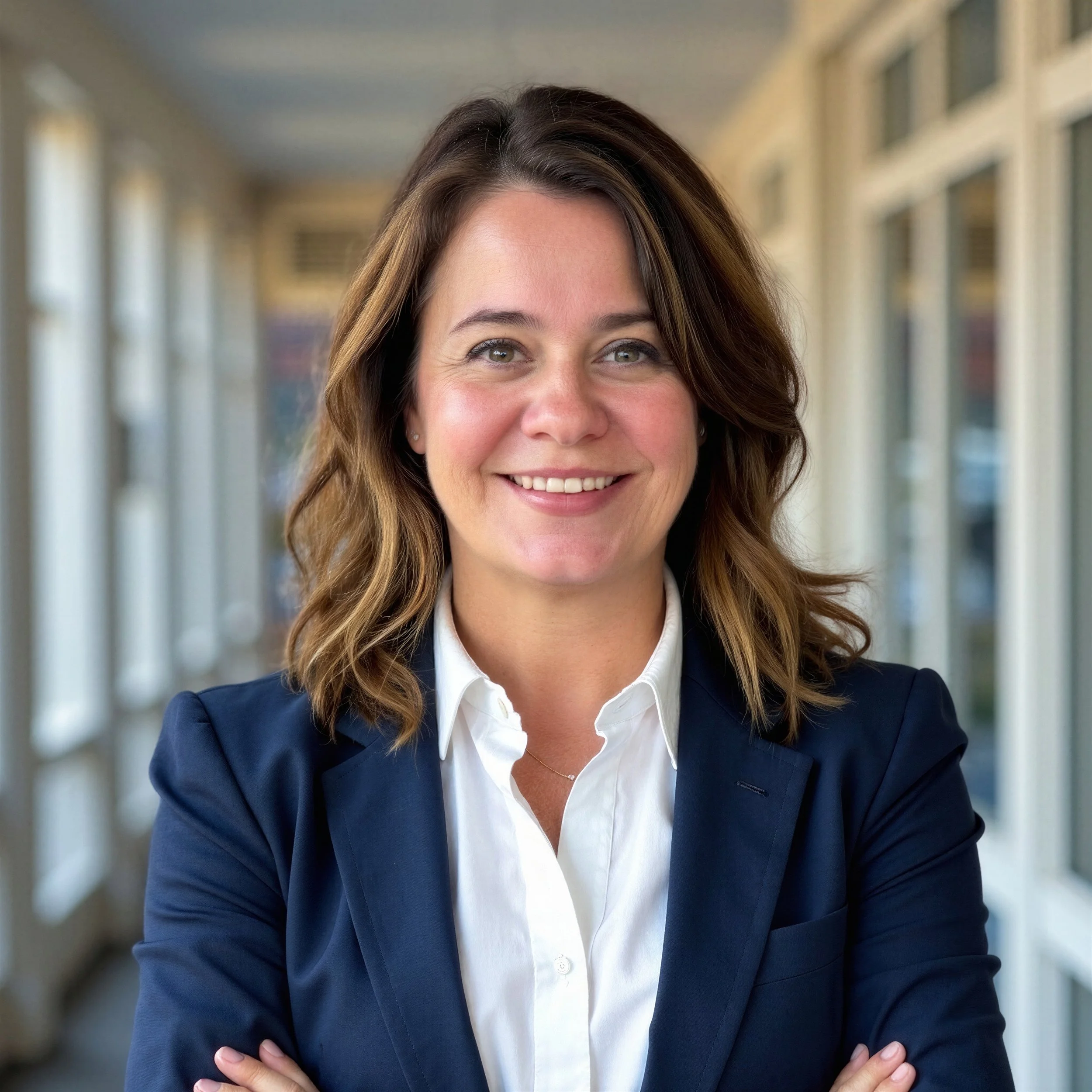 Close-up of a middle-aged woman with brown hair, smiling, wearing a navy blazer and white shirt in an outdoor corridor with large windows.