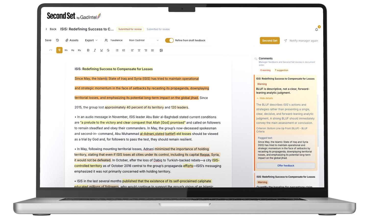 Laptop screen displaying a document editing application with the title 'Second Set,' containing text about ISIS and Iraq. The document has highlighted sections in yellow and orange, with side comments on the right.