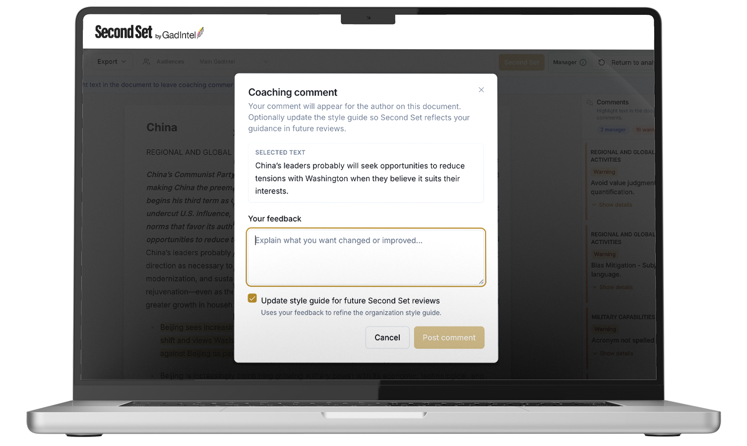 Laptop screen displaying a coaching comment dialog box with text about China's leaders and a feedback box.