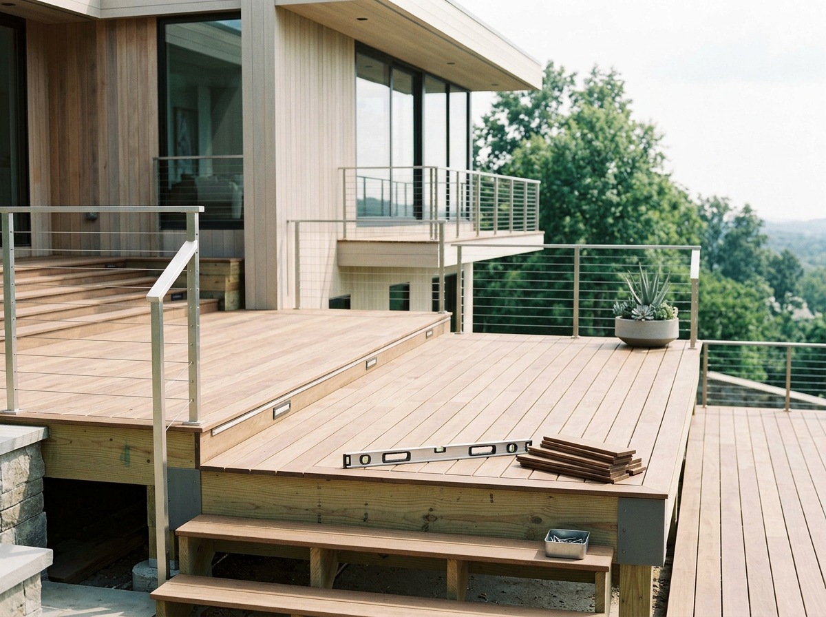 Image of a newly constructed wooden deck with some tools and materials, overlooking trees in the background.