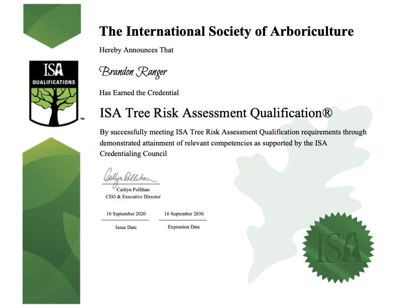 Certification document from The International Society of Arboriculture awarding Brandon Ranger ISA Tree Risk Assessment Qualification, dated September 16, 2020, with a green ISA seal and a Canada map watermark.