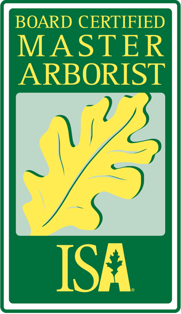 A certification badge for Master Arborist from ISA featuring a yellow oak leaf graphic
