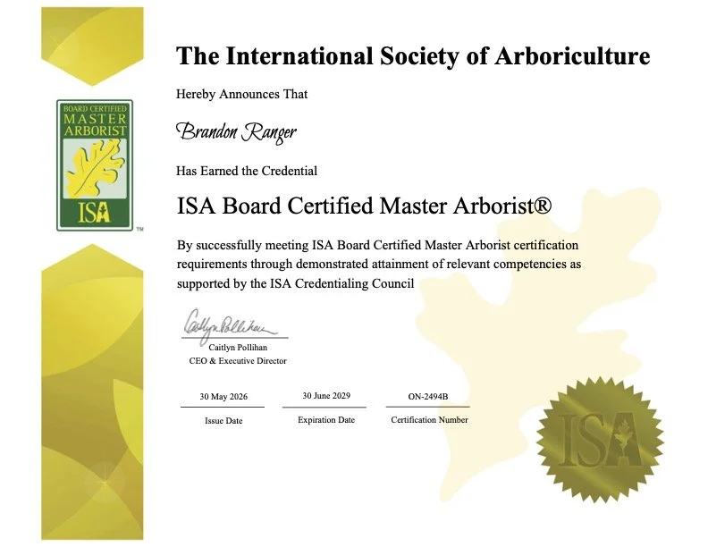 A certificate awarded to Brandon Ranger by the International Society of Arboriculture for earning the ISA Board Certified Master Arborist credential, issued on May 30, 2026, with a gold official seal and ISA logo.