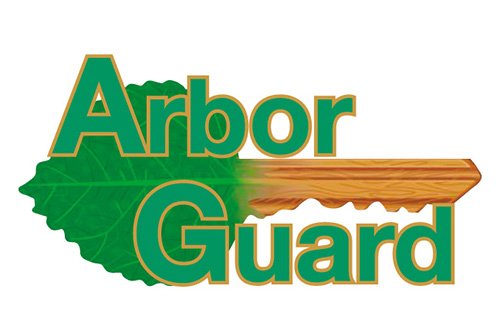 Logo with green leaf, wooden arrow, and bold green text that says 'Arbor Guard'.