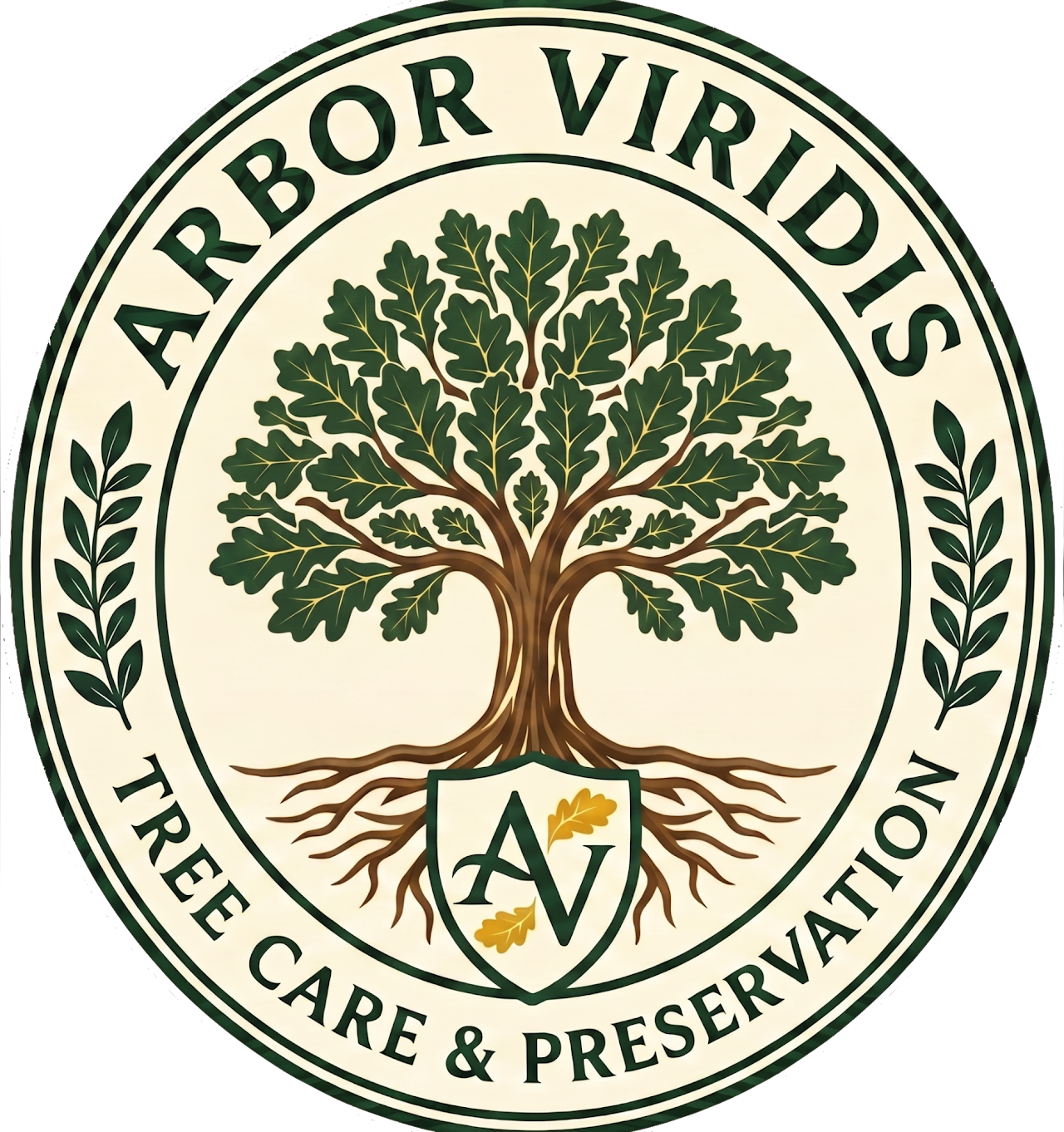 Seal of the Arbor Vridis Tree Care & Preservation featuring a large tree with green leaves and brown branches, with the initials A and V in a shield at the base.