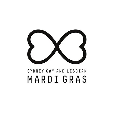 Logo with a butterfly shape and text saying Sydney Gay and Lesbian Mardi Gras.