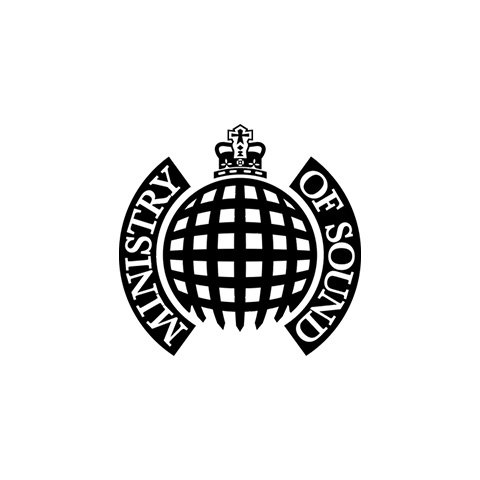Black and white logo with a globe topped by a crown, surrounded by the text "Ministry of Sound."