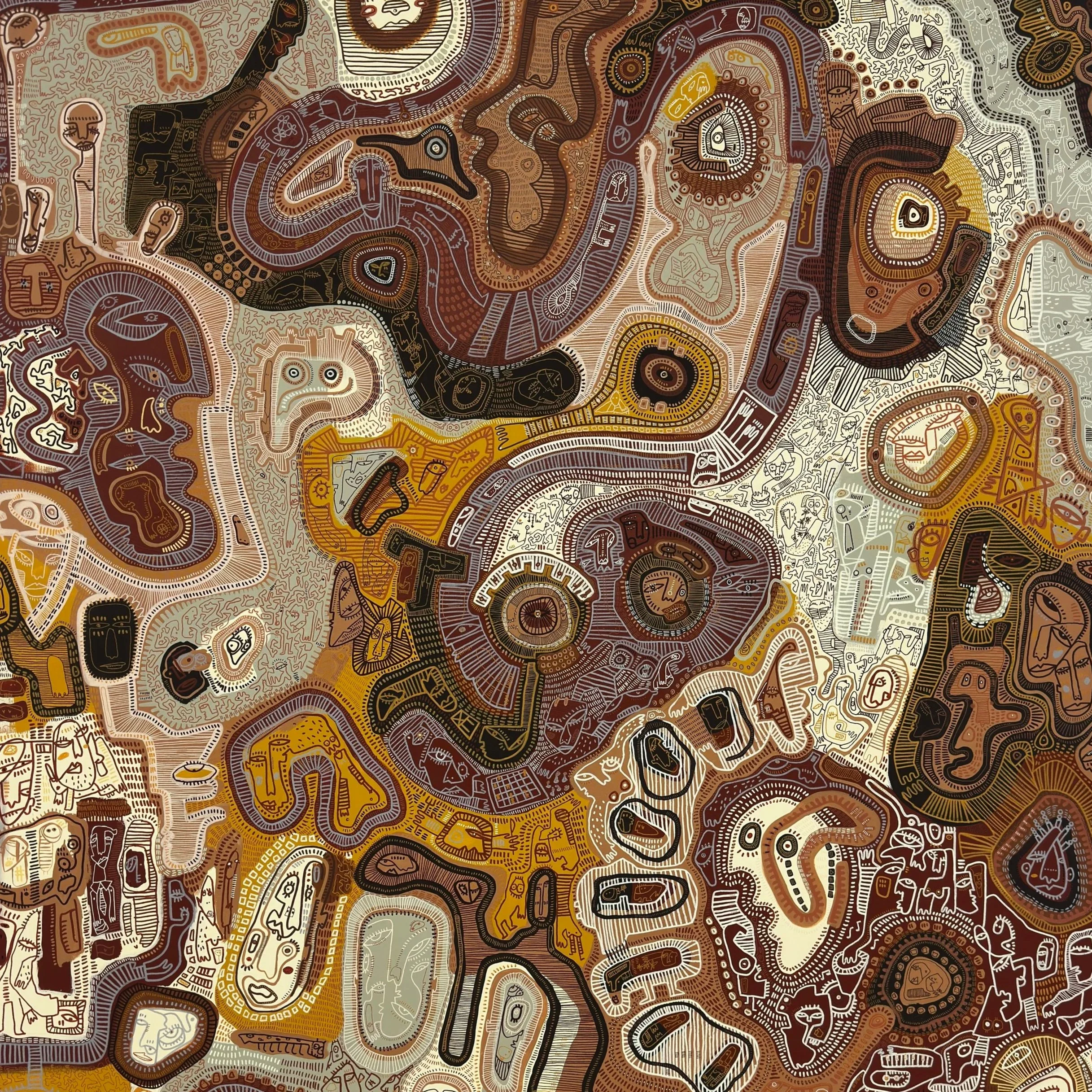 A detailed abstract street map with various doodle-like illustrations and patterns in shades of brown, tan, black, and white.