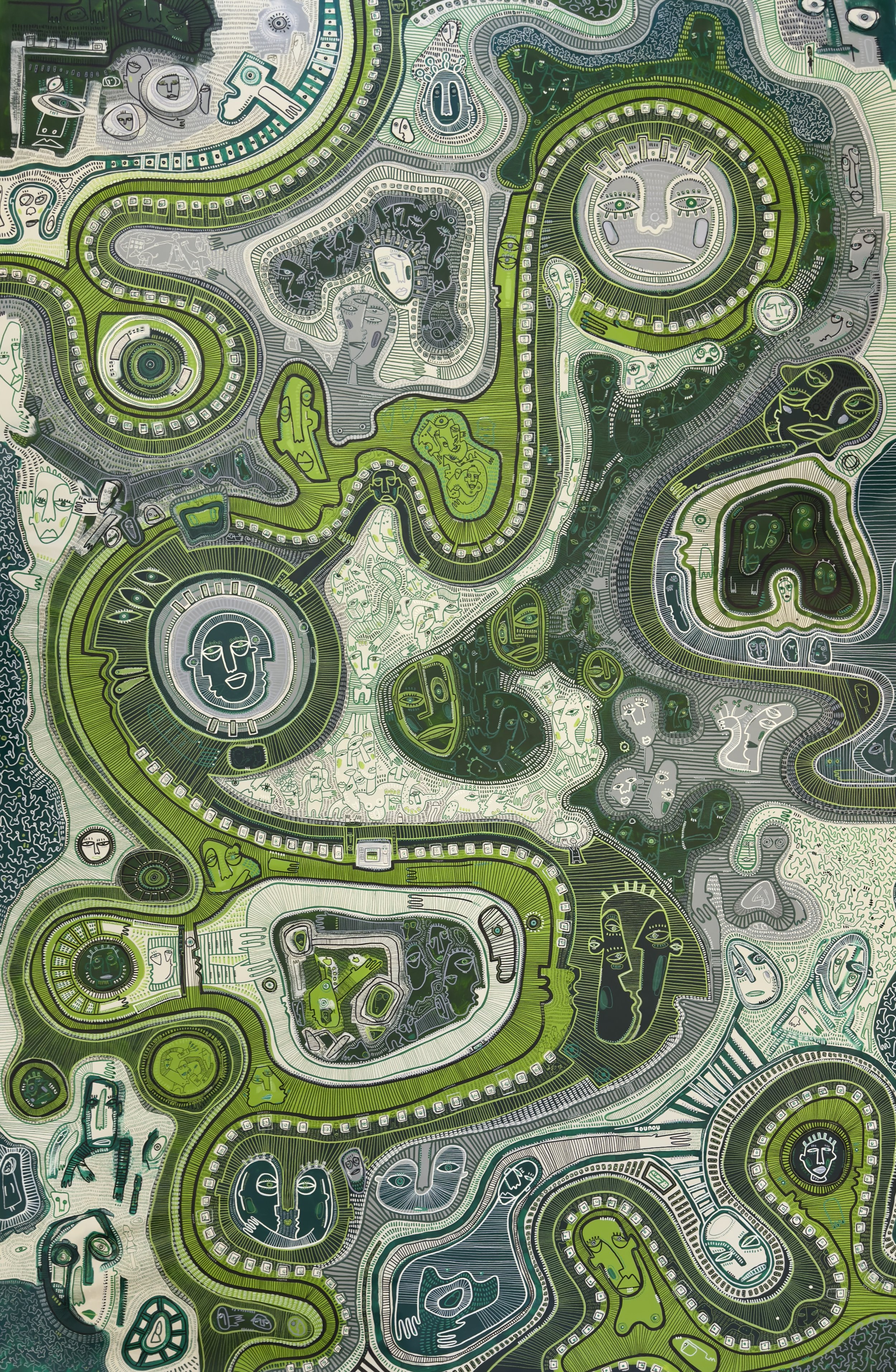A detailed, abstract mosaic artwork featuring various stylized human and animal faces, geometric shapes, and intricate patterns predominantly in shades of green, white, and black.