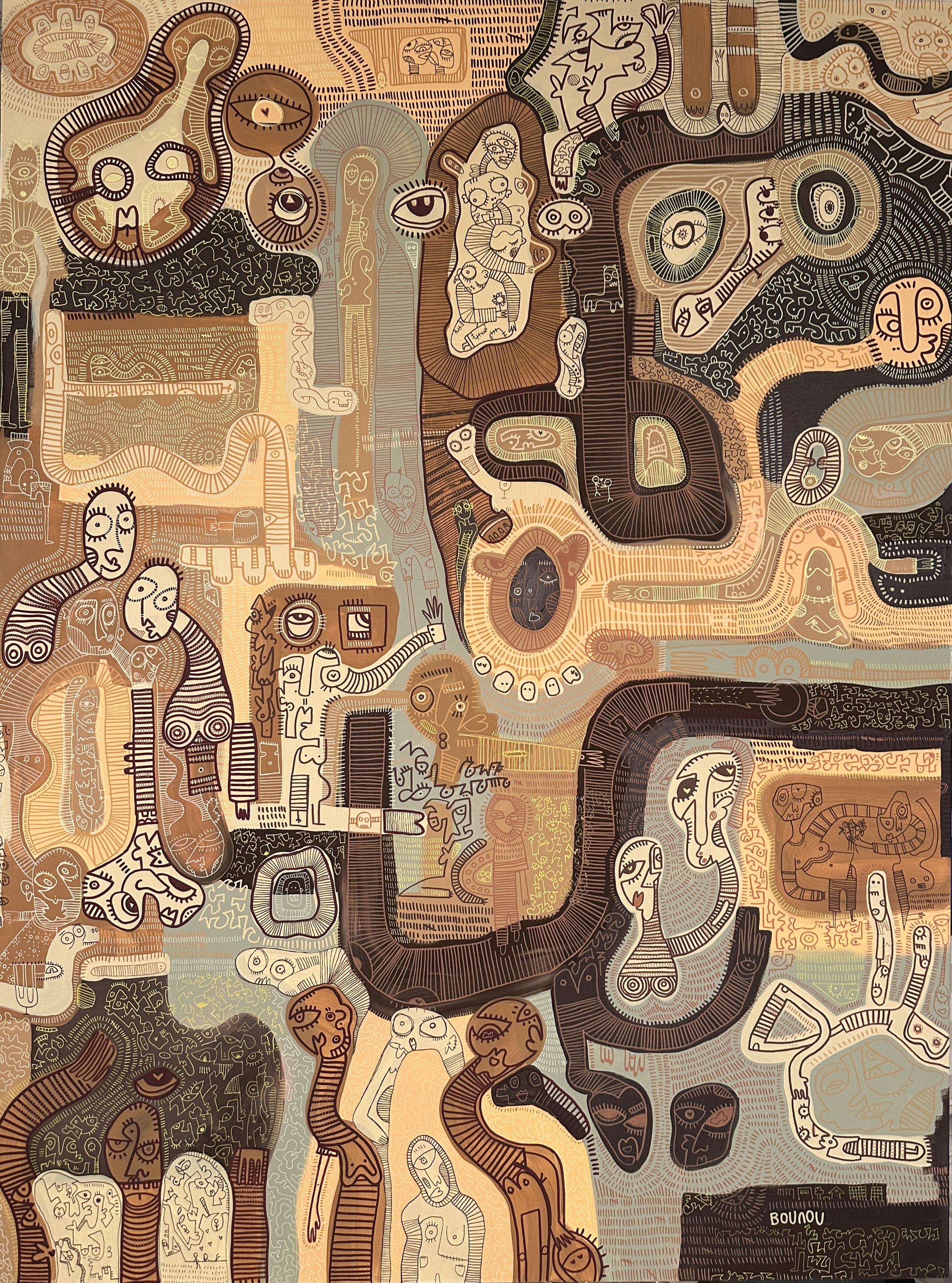 A colorful abstract mural featuring numerous stylized human faces, animals, and symbolic shapes with intricate line work.