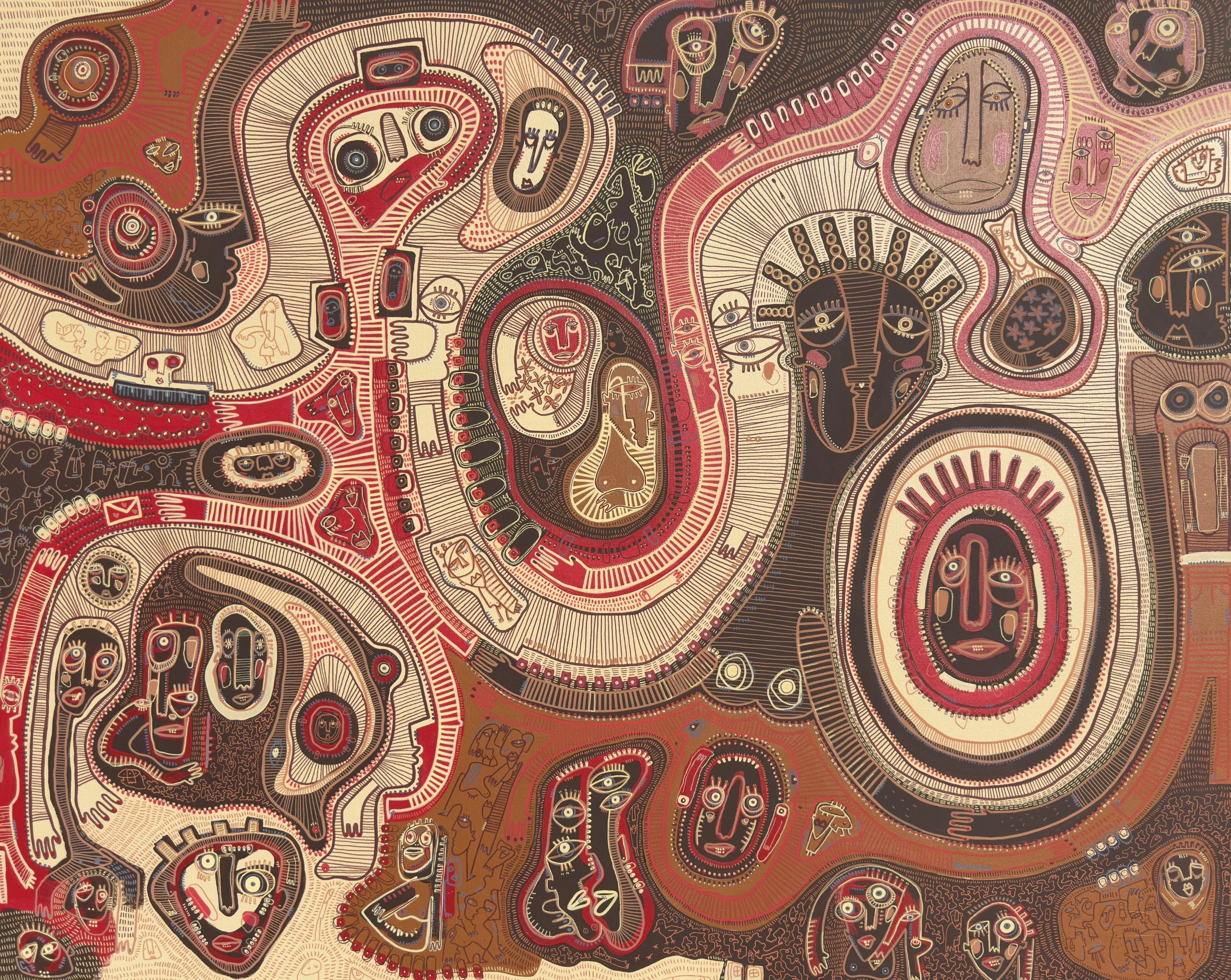 Abstract indigenous art with numerous stylized faces, eyes, and figures in earthy tones of red, black, beige, and brown, featuring intricate patterns and symbolic elements.