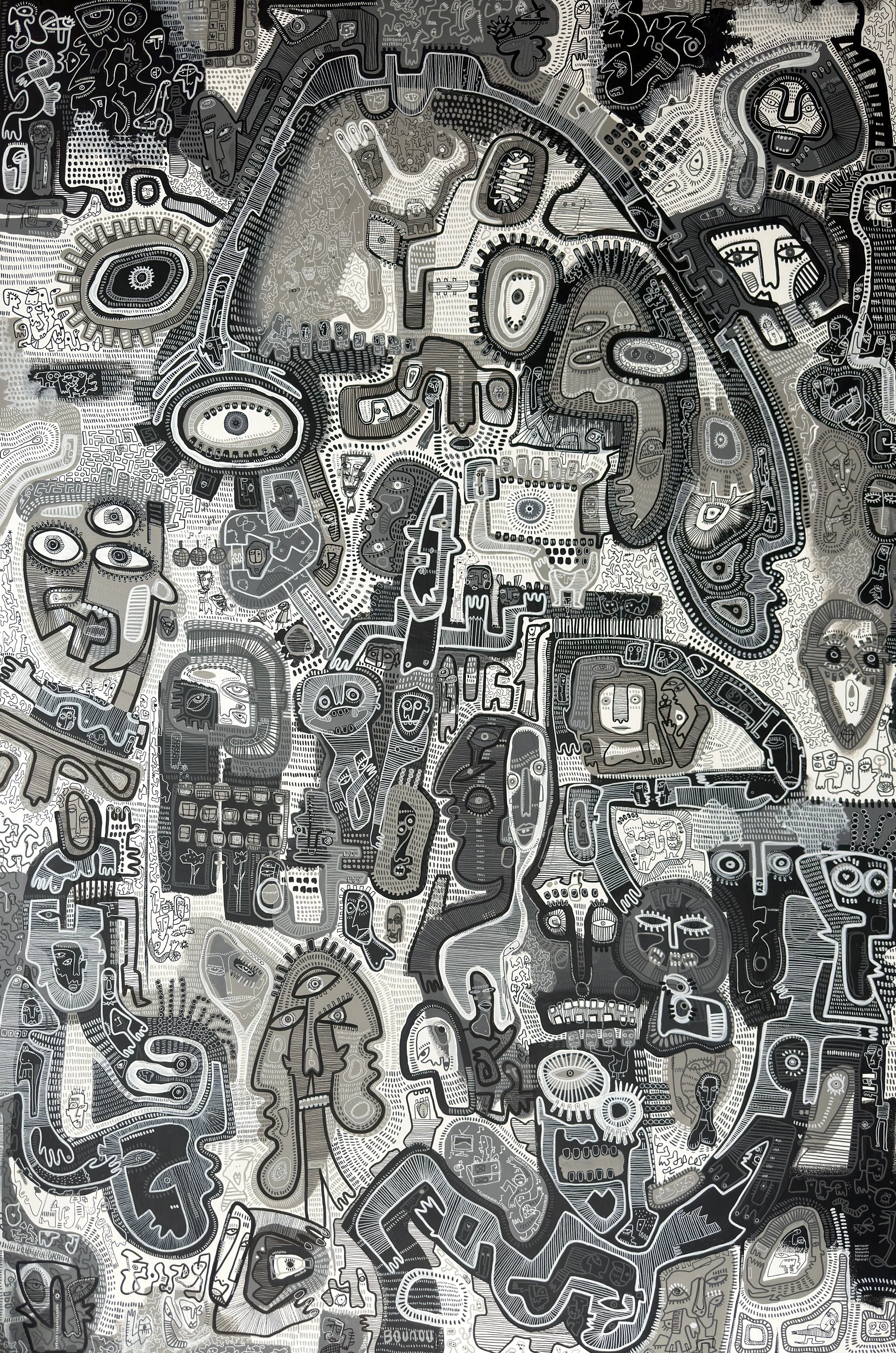 A black-and-white abstract art piece filled with numerous stylized faces, eyes, and various doodles and symbols intricately woven together.