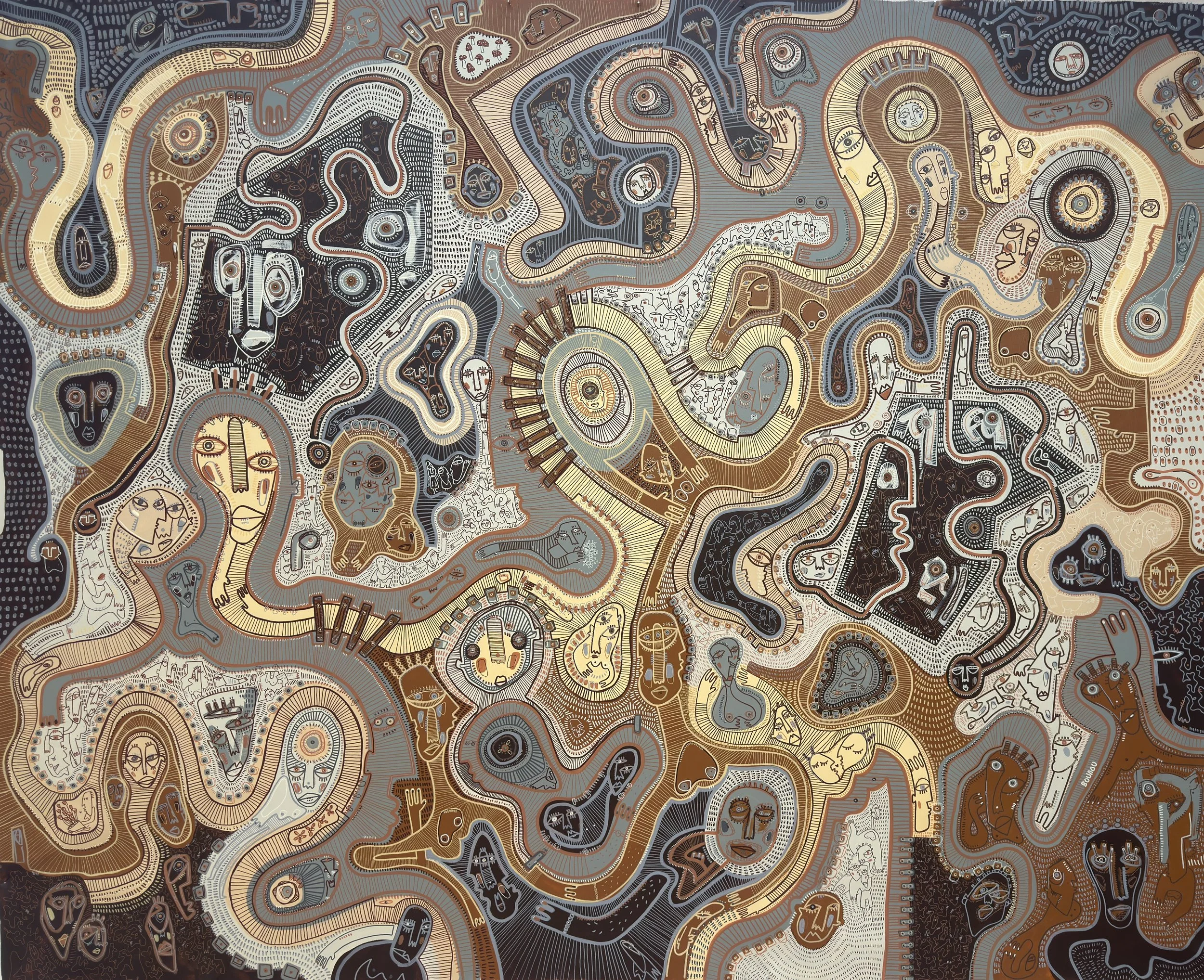 A colorful abstract mural featuring numerous stylized faces, eyes, and various intricate patterns in shades of brown, black, white, and beige.