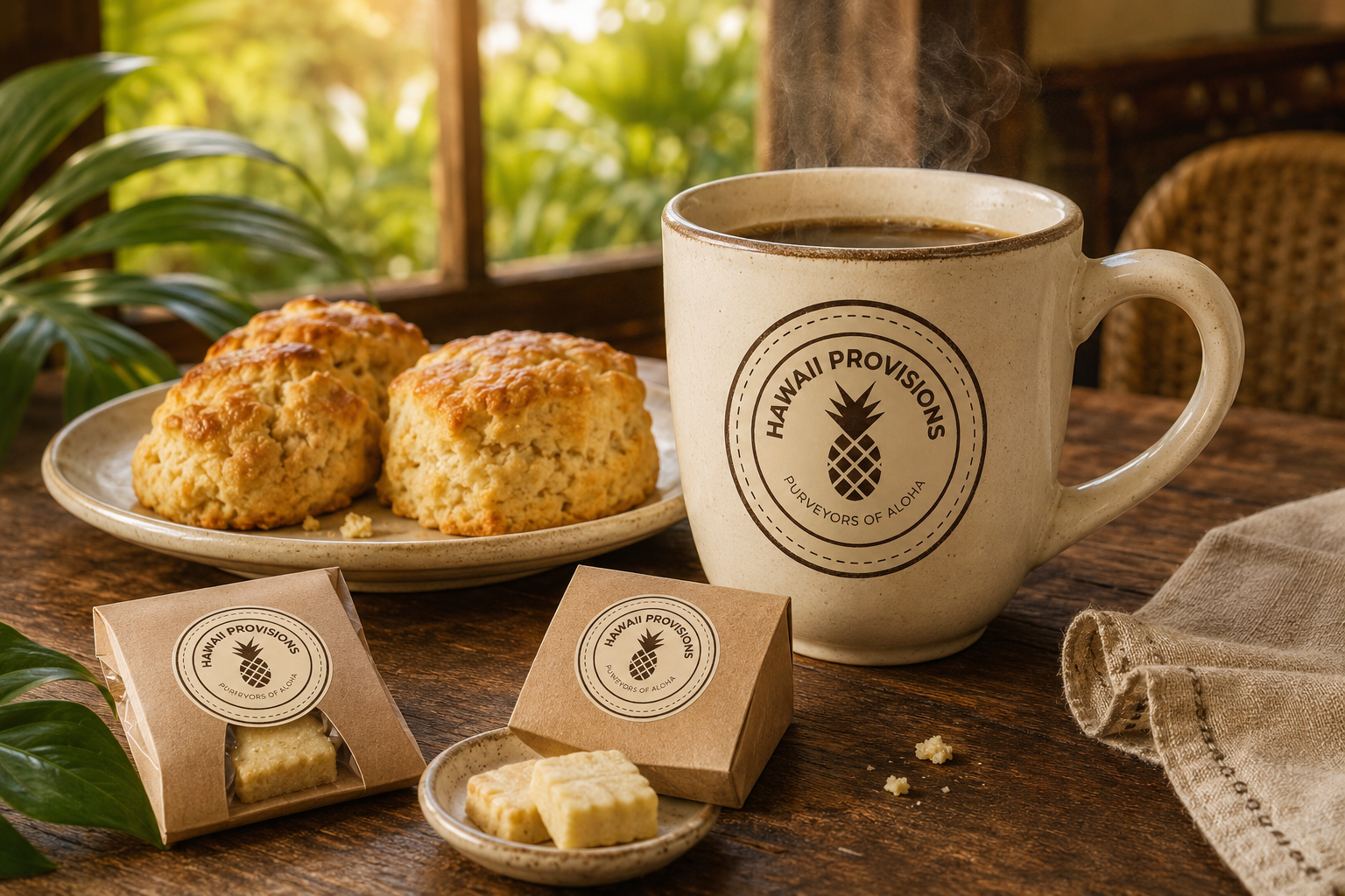 A mug of hot coffee with 'Hawaii Provisions' logo, a plate with three scones, and small boxes of cookies on a rustic wooden table, with greenery in the background.