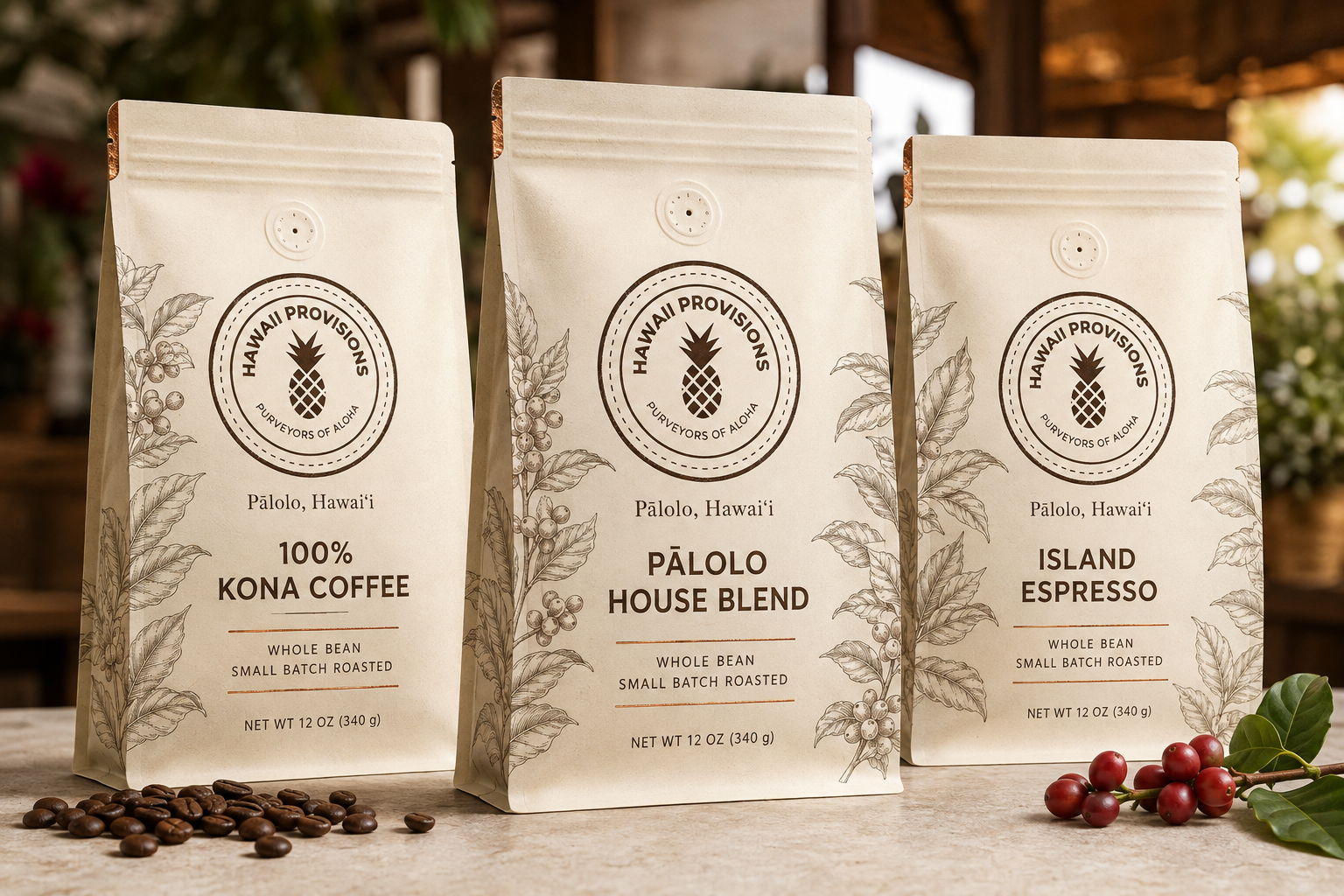 Three beige coffee bean bags with black text and illustrations of coffee plants, placed on a wooden surface with coffee beans and red berries nearby, in a cozy indoor setting.
