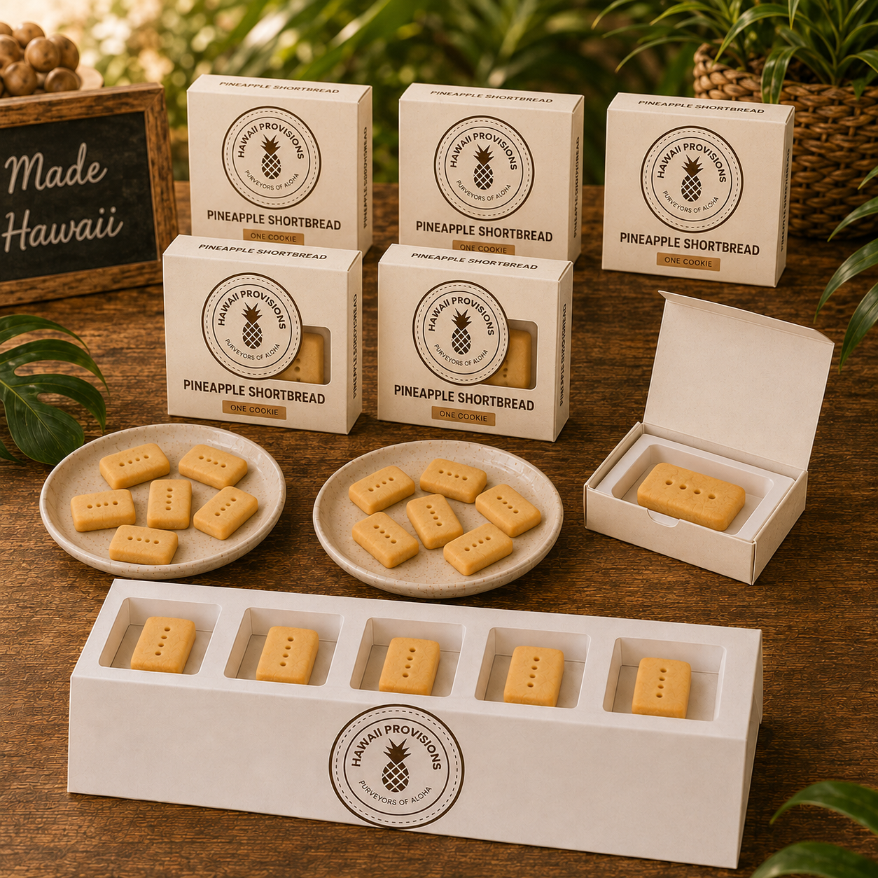 Boxes of pineapple shortbread cookies from Hawaii Provisions on a wooden table, with some cookies on plates and in a display tray, surrounded by greenery and a sign that reads "Made Hawaii."