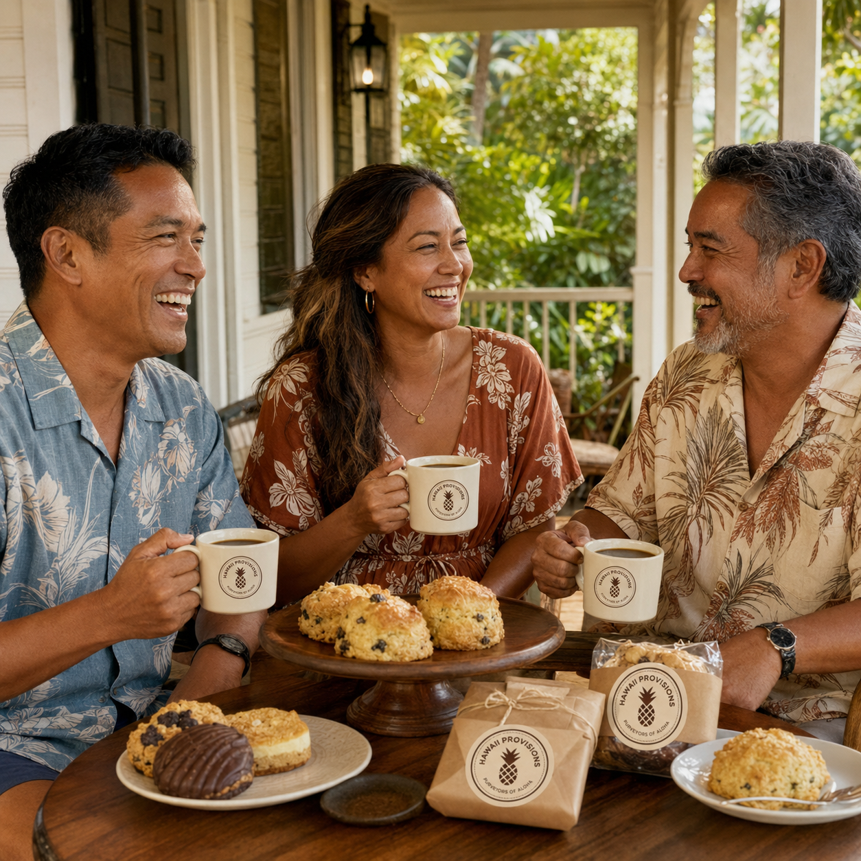 Three adults sitting at a table outdoors, enjoying coffee and cookies, wearing Hawaiian shirts and smiling at each other, with greenery in the background.