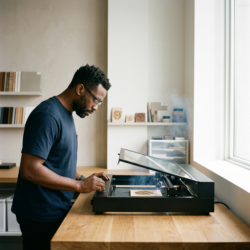 A man in a navy blue t-shirt and glasses is operating a laser cutter on a wooden table, with a small piece of material inside the machine, in a well-lit room with shelves and a window.