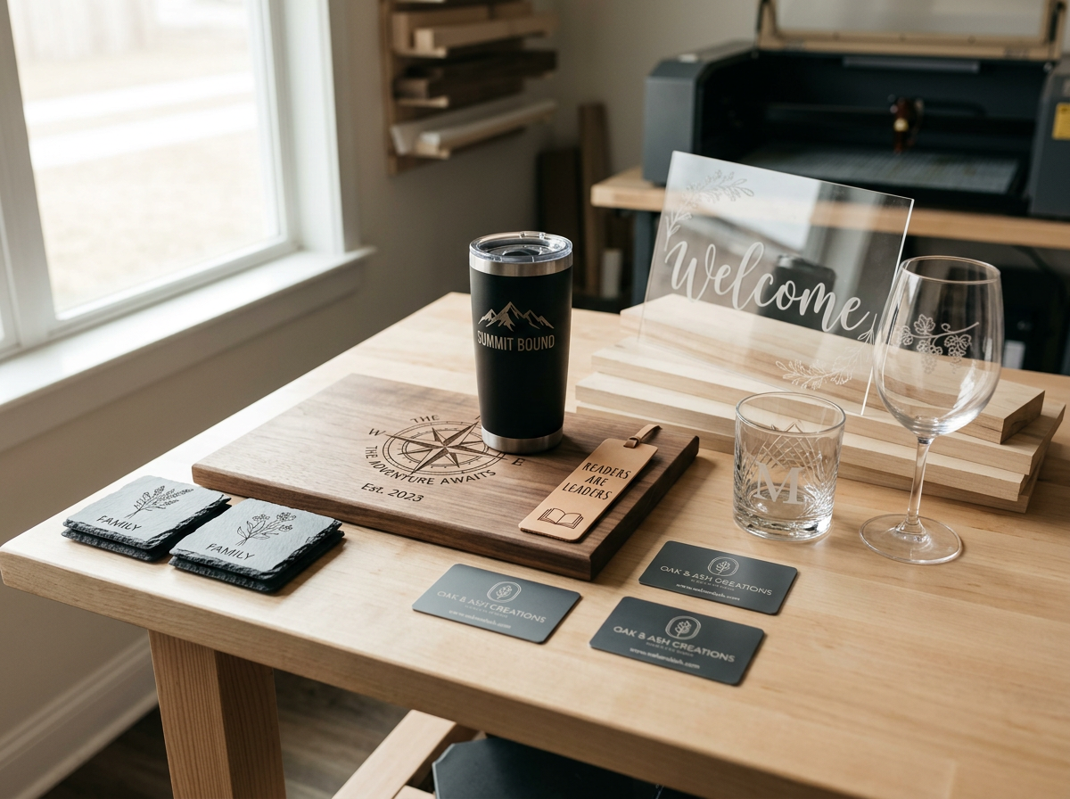 Wooden table with a black travel tumbler, wine glass, water glass, welcome sign, wood slices, plant-themed notebooks, and business cards in a craft room