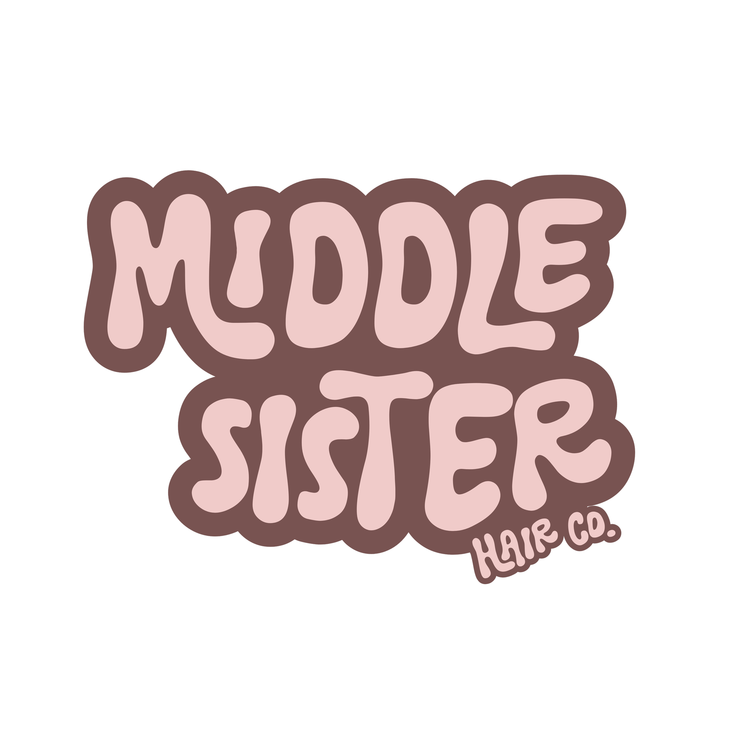 Stylized text spelling out word 'MOM' with layered, bubbly font in pink and brown colors