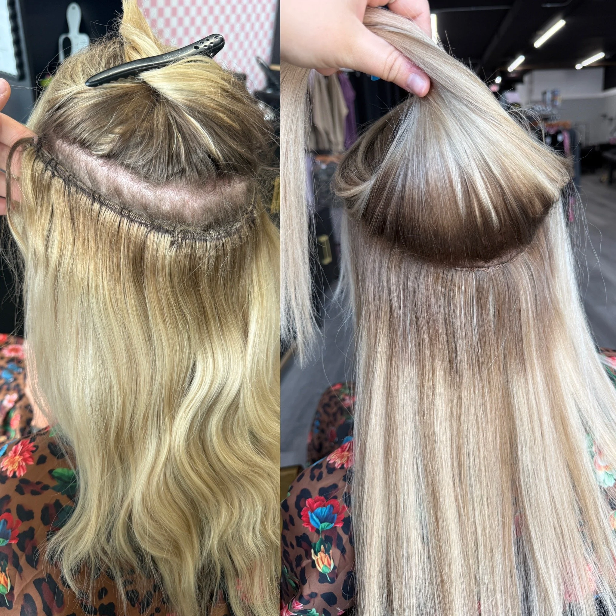 Side-by-side images of a hairstylist working on a woman's blonde hair, before and after coloring or styling. In the first image, the hair is being sectioned with a clip, and in the second, the hair is smooth and styled.