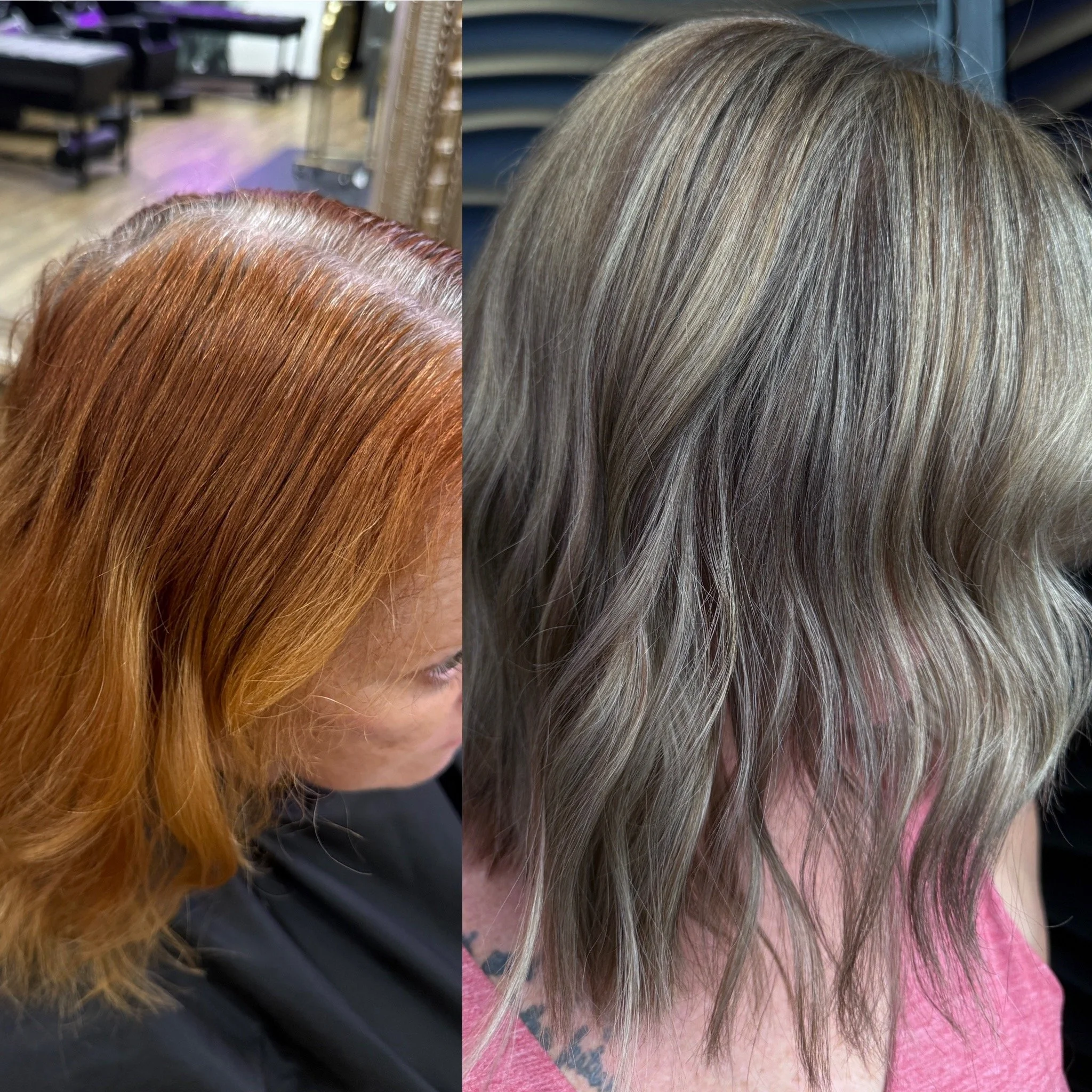 Comparison of hair before and after coloring or styling, with the left side showing reddish-brown hair and the right side showing highlighted or blonde hair.