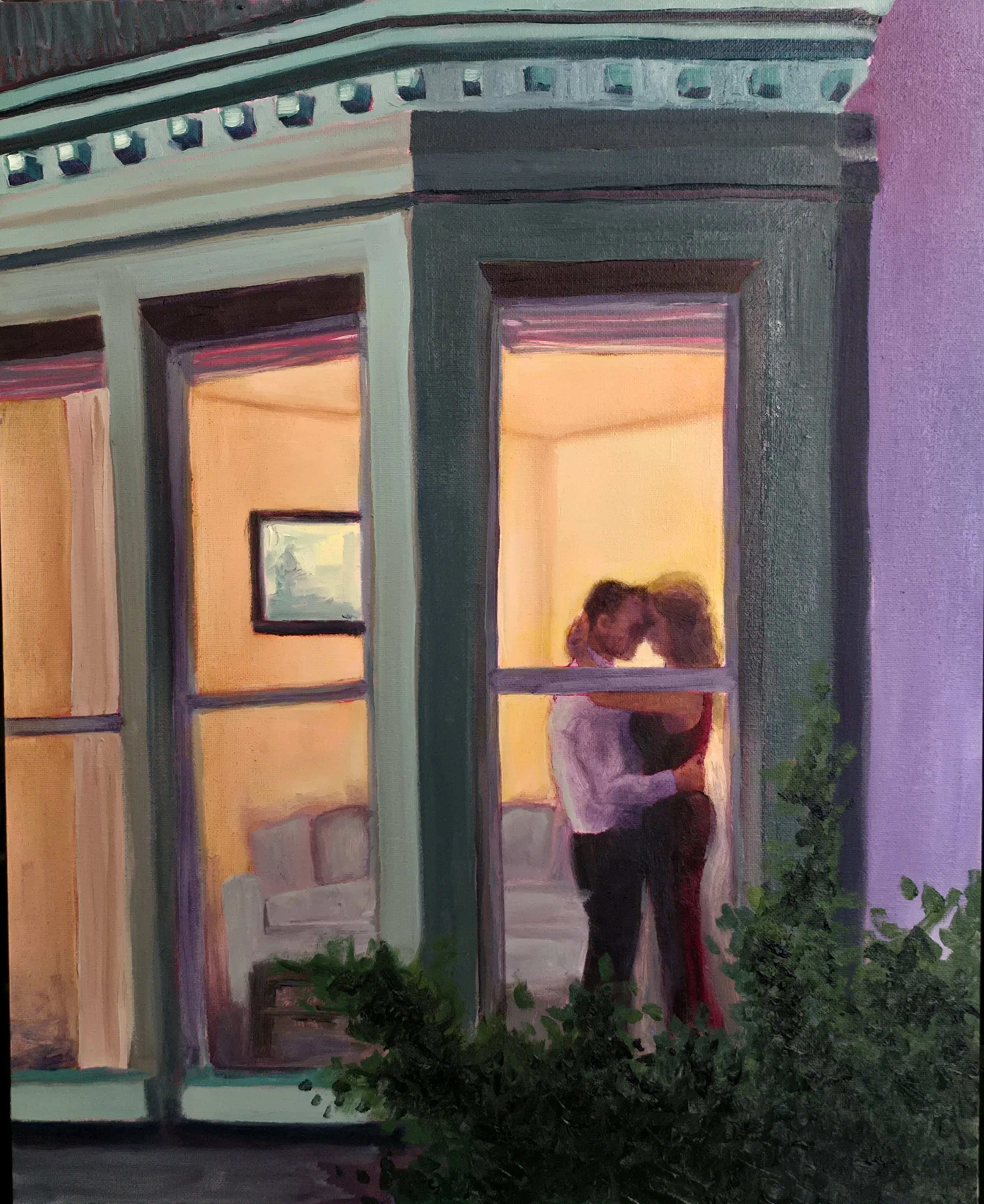 A painting depicting a house with a warm glow emanating from the windows during sunset. The house has a porch, greenery in the front, and is painted in shades of gray, purple, and other muted tones.