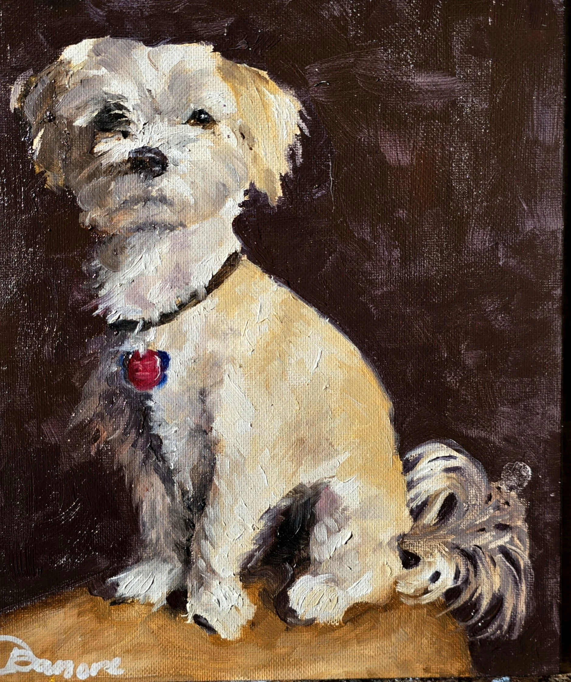 Oil painting of a cute puppy with a cream and light brown coat, sitting on a gallery floor with a dark brown background. The puppy is looking slightly to the left, wearing a red and blue collar.
