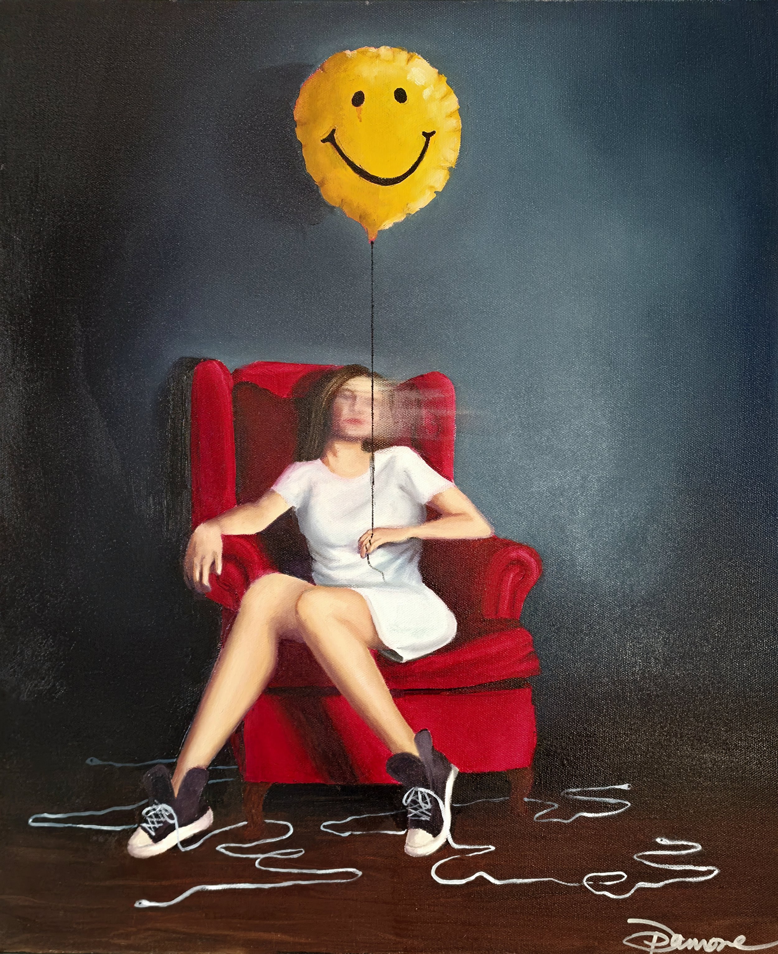 A woman sitting in a red armchair, wearing a white dress and black shoes, with long hair, is holding a string attached to a yellow balloon with a black smiley face, floating above her head. The scene is against a dark background.
