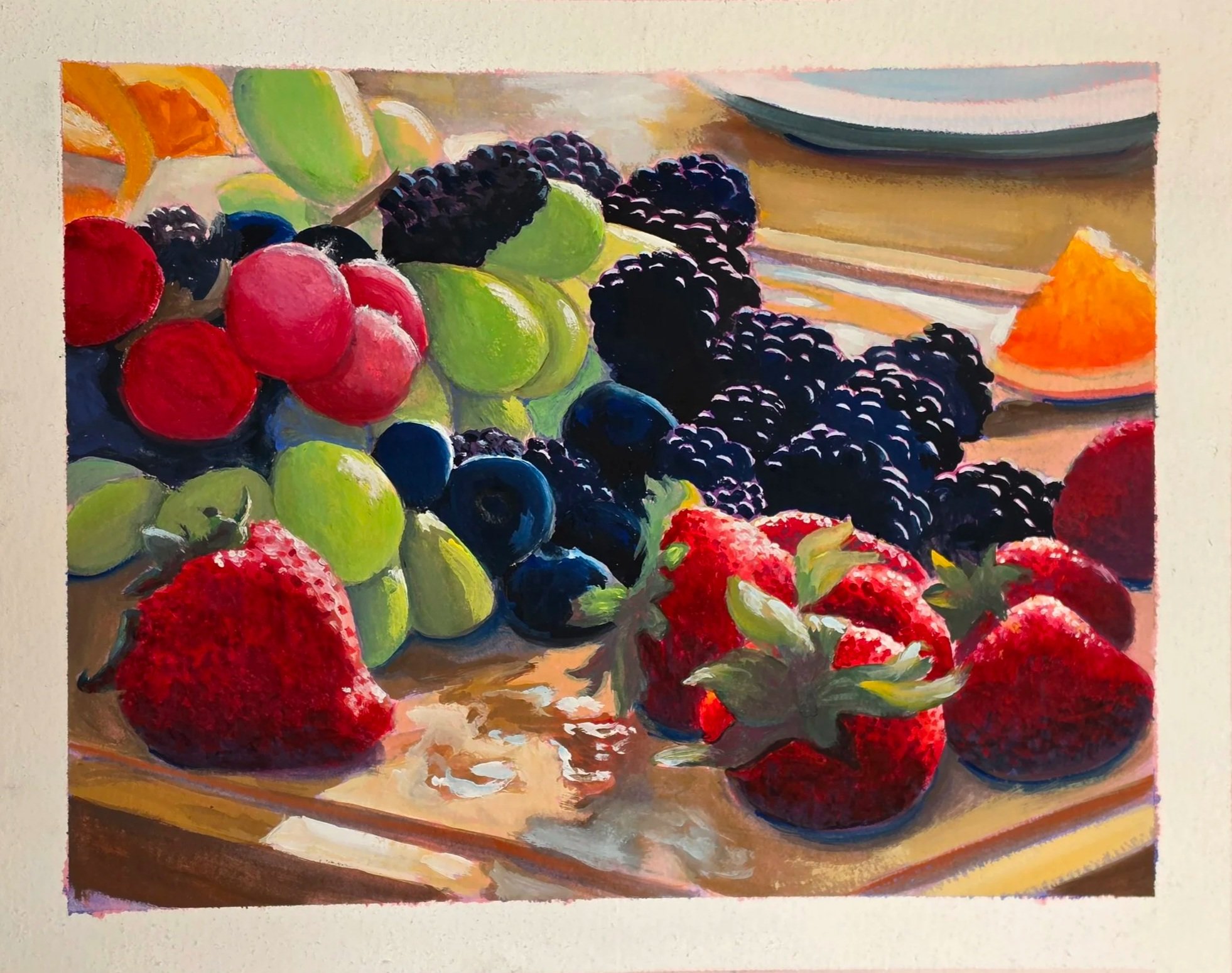 A still life painting of various fresh berries, including blackberries, strawberries, and red and green grapes, arranged on a wooden surface with a glass bowl and a small orange fruit in the background.