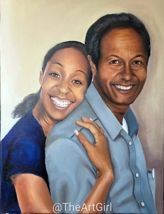 A painting of a smiling couple, with the woman leaning on the man's shoulder, both wearing blue clothing, against a neutral background.