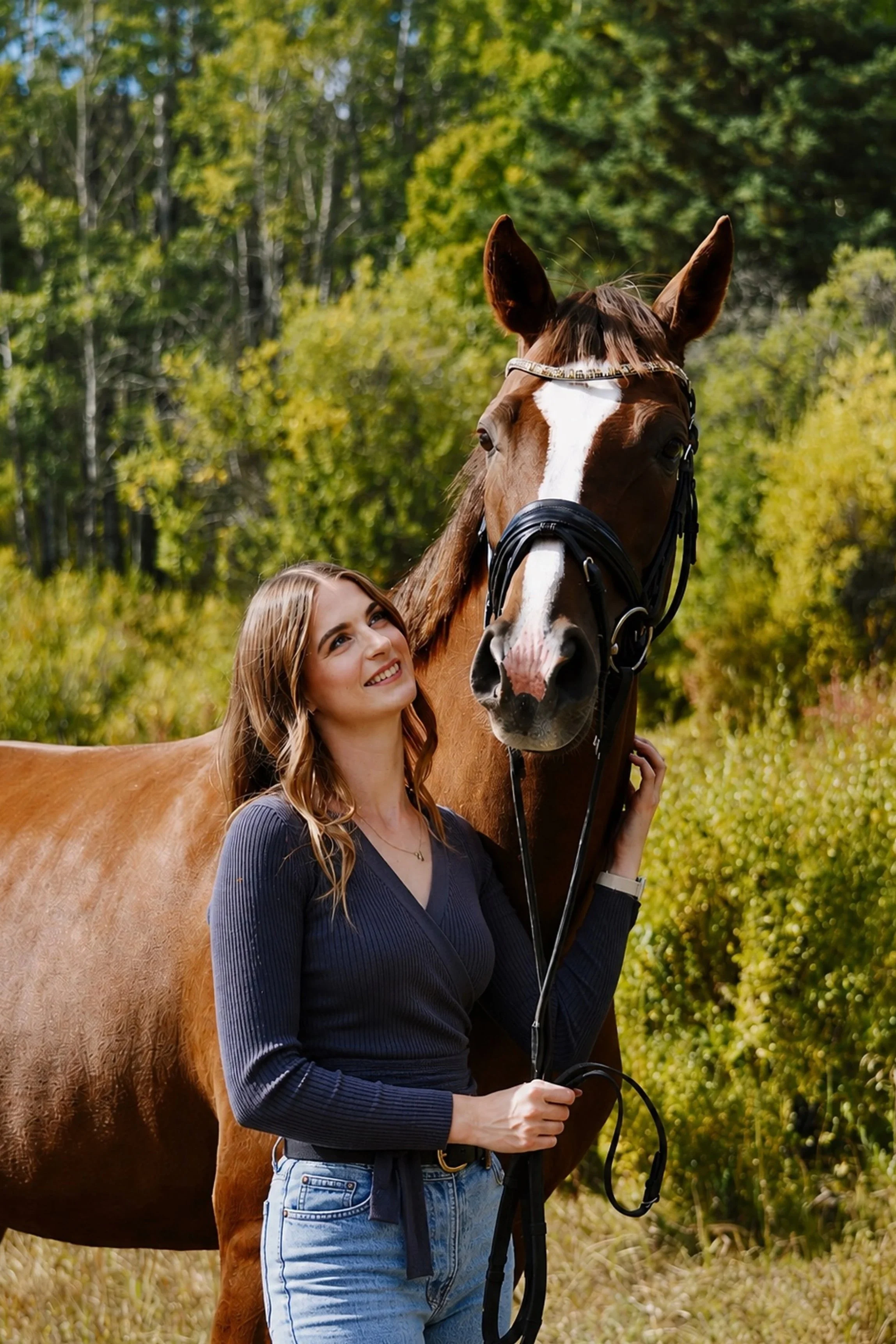 A woman smiling and holding a horse by the reins outdoors in a green, wooded area during daytime.