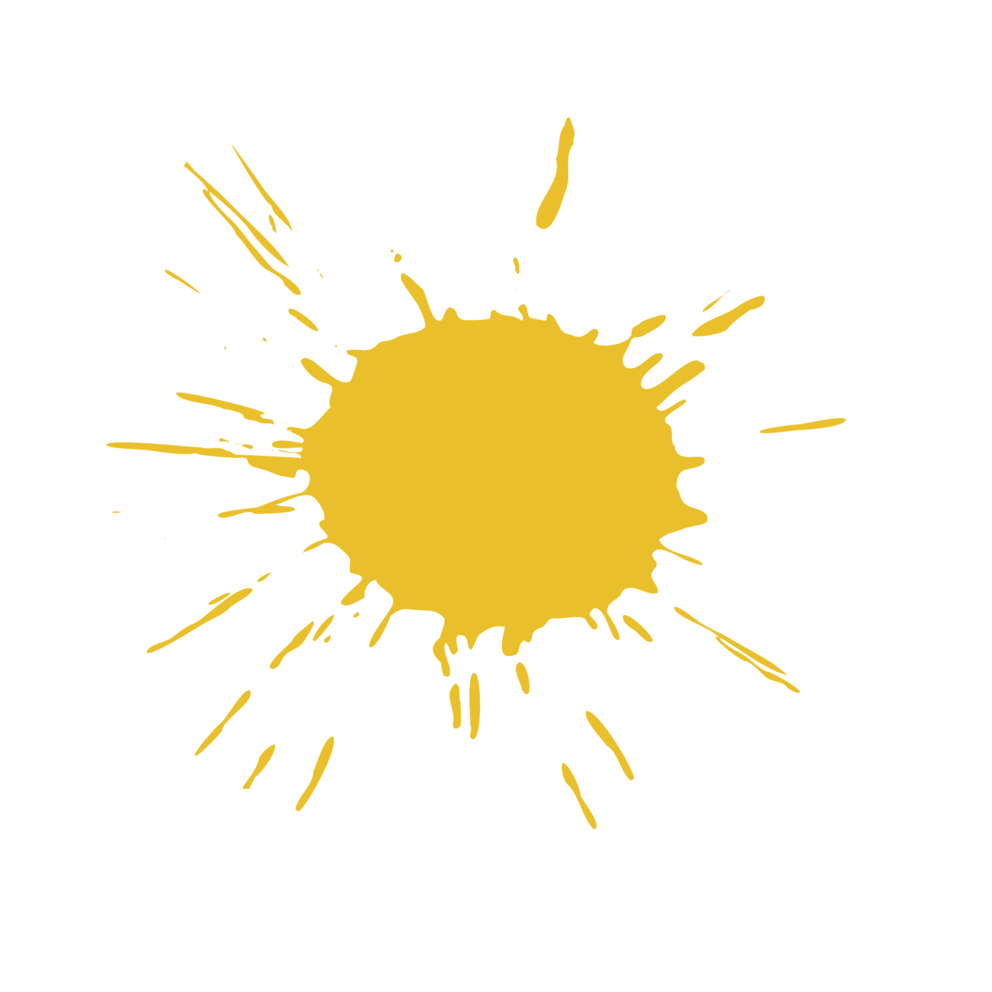 Yellow paint splatter with radiating droplets on a black background