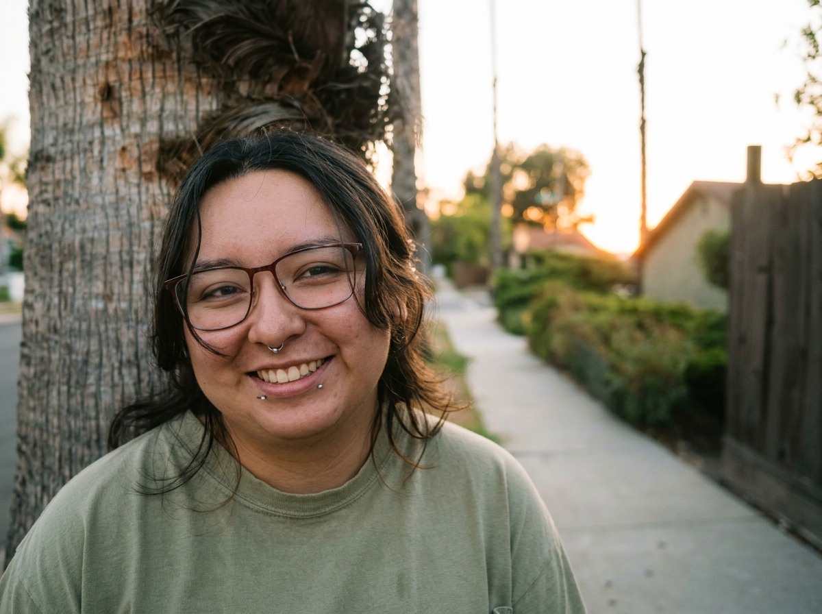 Messy Play team member wearing glasses and facial piercings outdoors near a tree-lined sidewalk at sunset