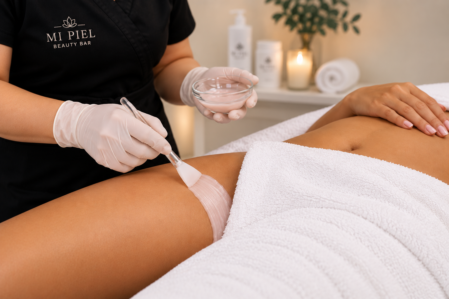 Client receiving a vajacial body skincare treatment at Mi Piel Beauty Bar in Beltsville, MD.