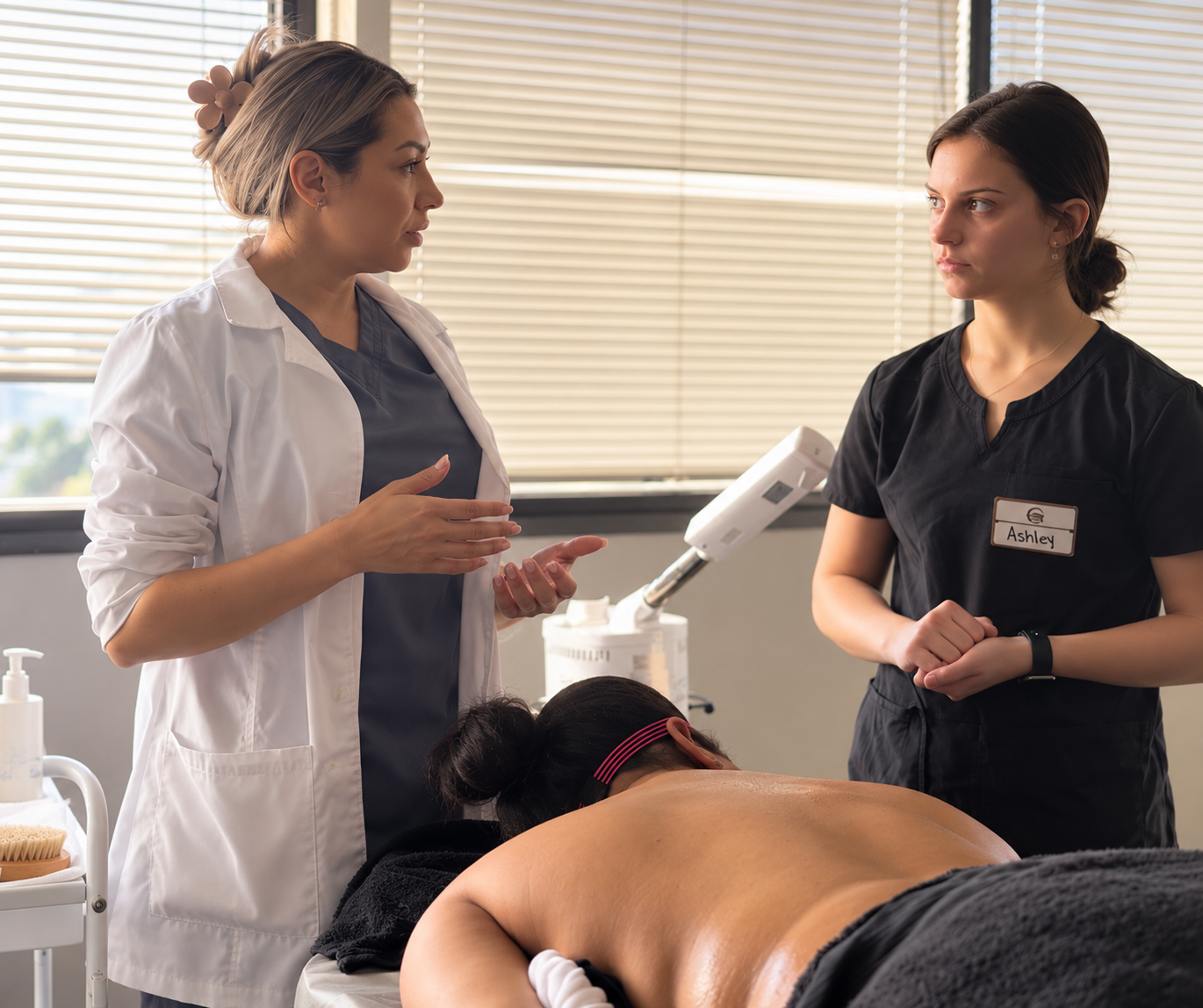 Licensed esthetician instructor Caty Lee teaching a student how to perform a back facial.
