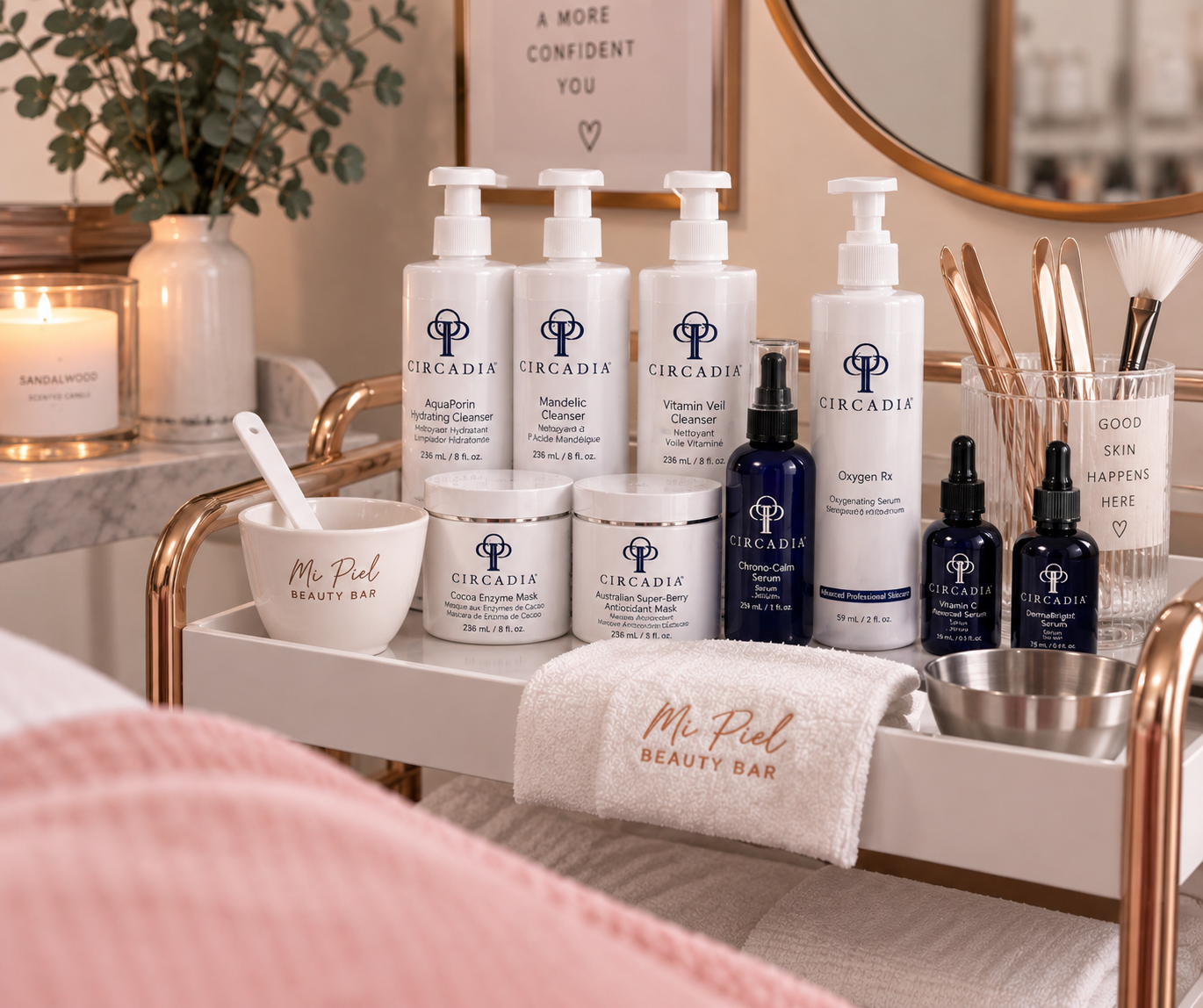 Professional skincare products prepared for a customized facial at Mi Piel Beauty Bar in Beltsville, MD.