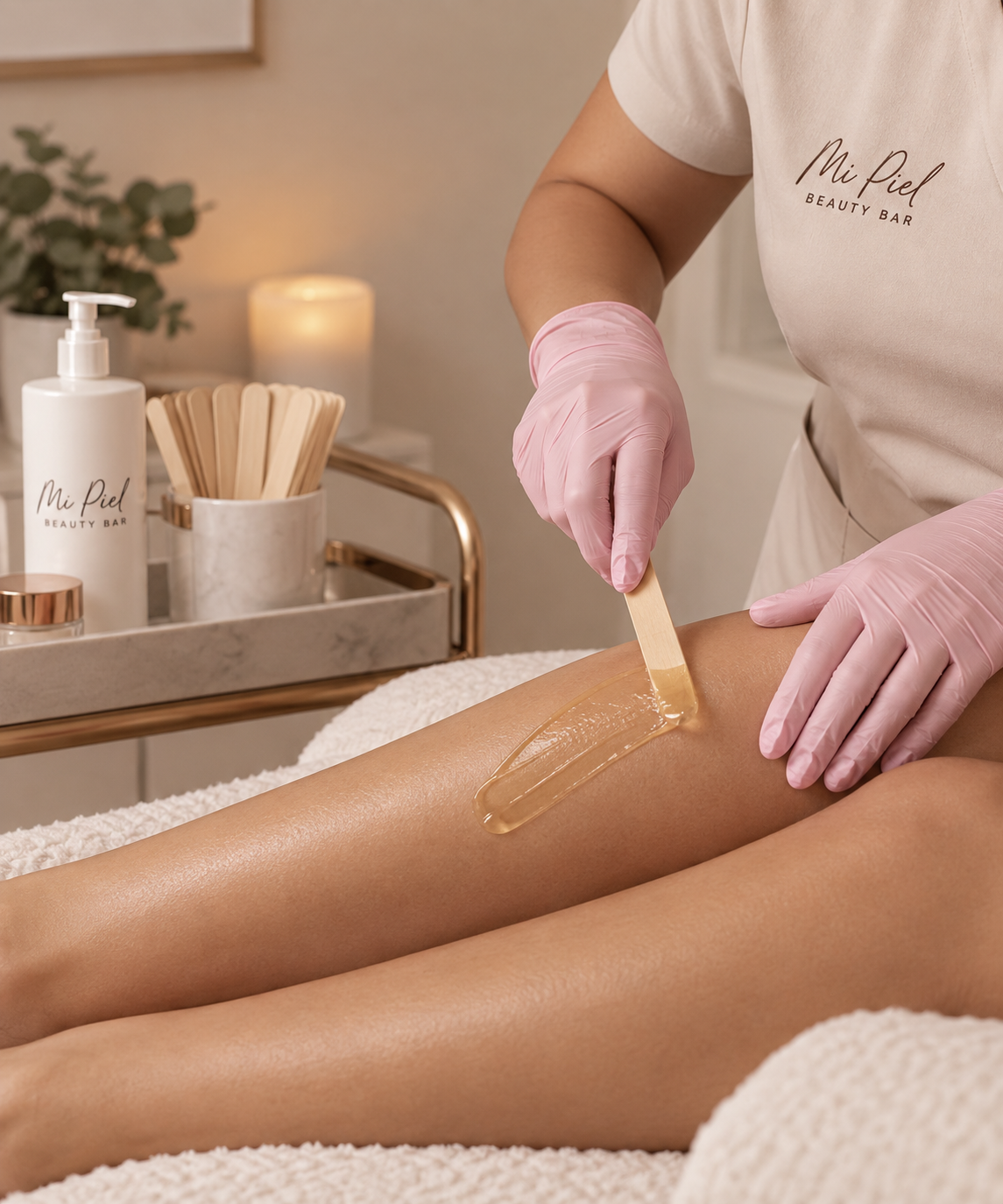 Client receiving a professional leg wax at Mi Piel Beauty Bar in Beltsville, MD.