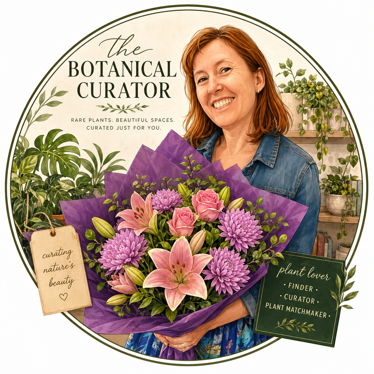 A woman with red hair holding a bouquet of pink lilies, roses, and purple chrysanthemums, in a floral shop with green plants on shelves in the background.